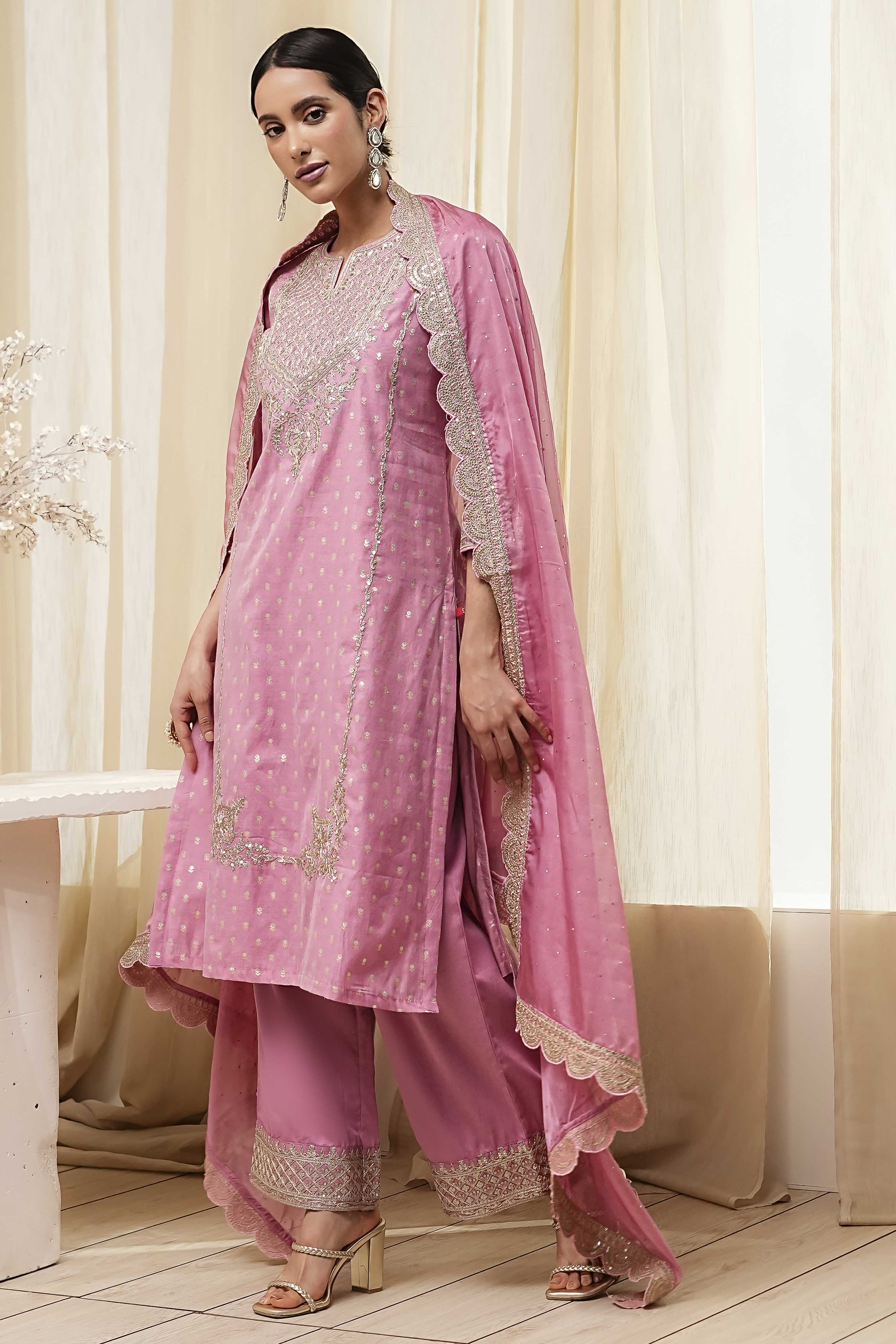 Powder Pink Embroidered Straight Suit Set image number 3