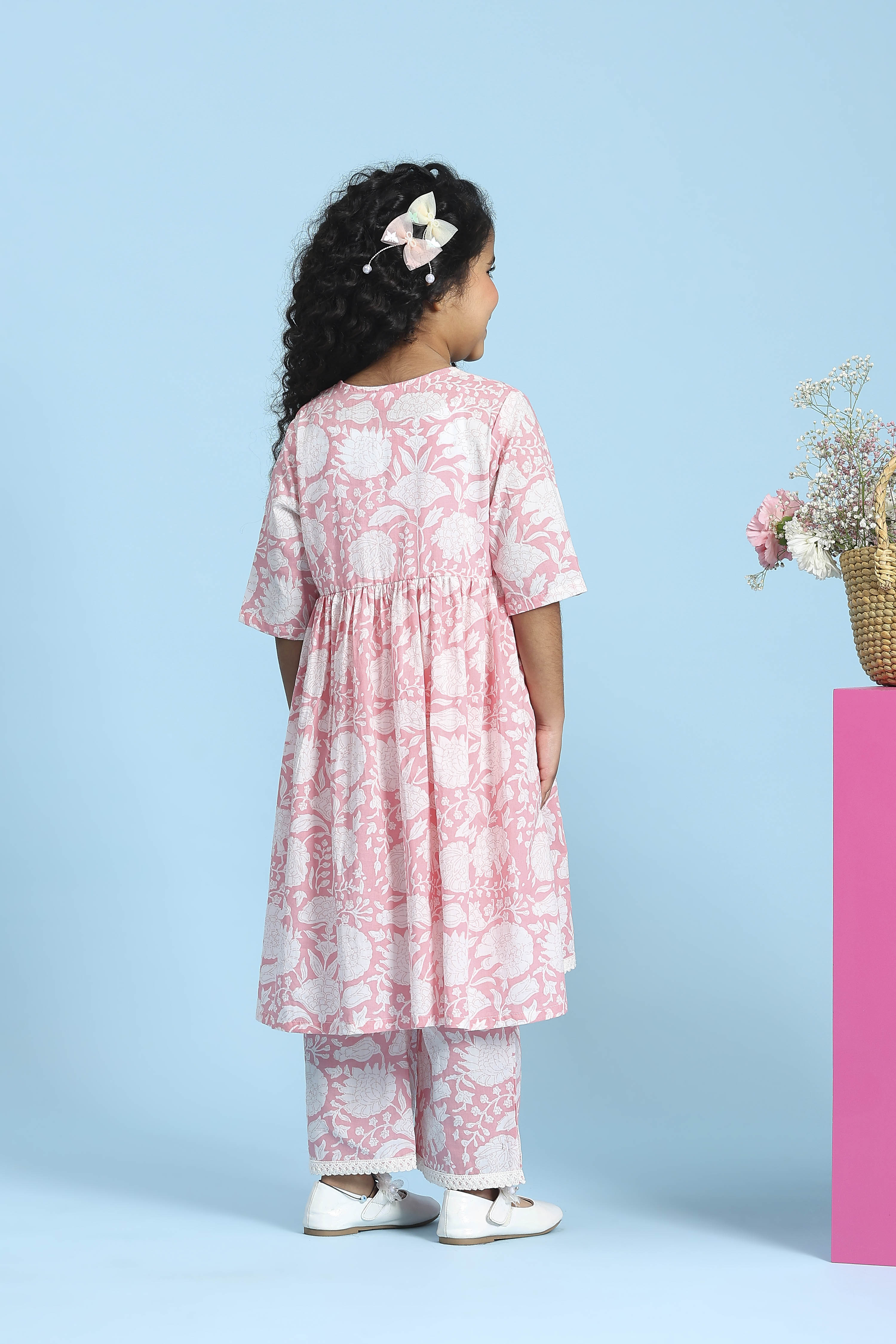 Blush Pink Cotton Printed Gathered Kurta Set image number 4