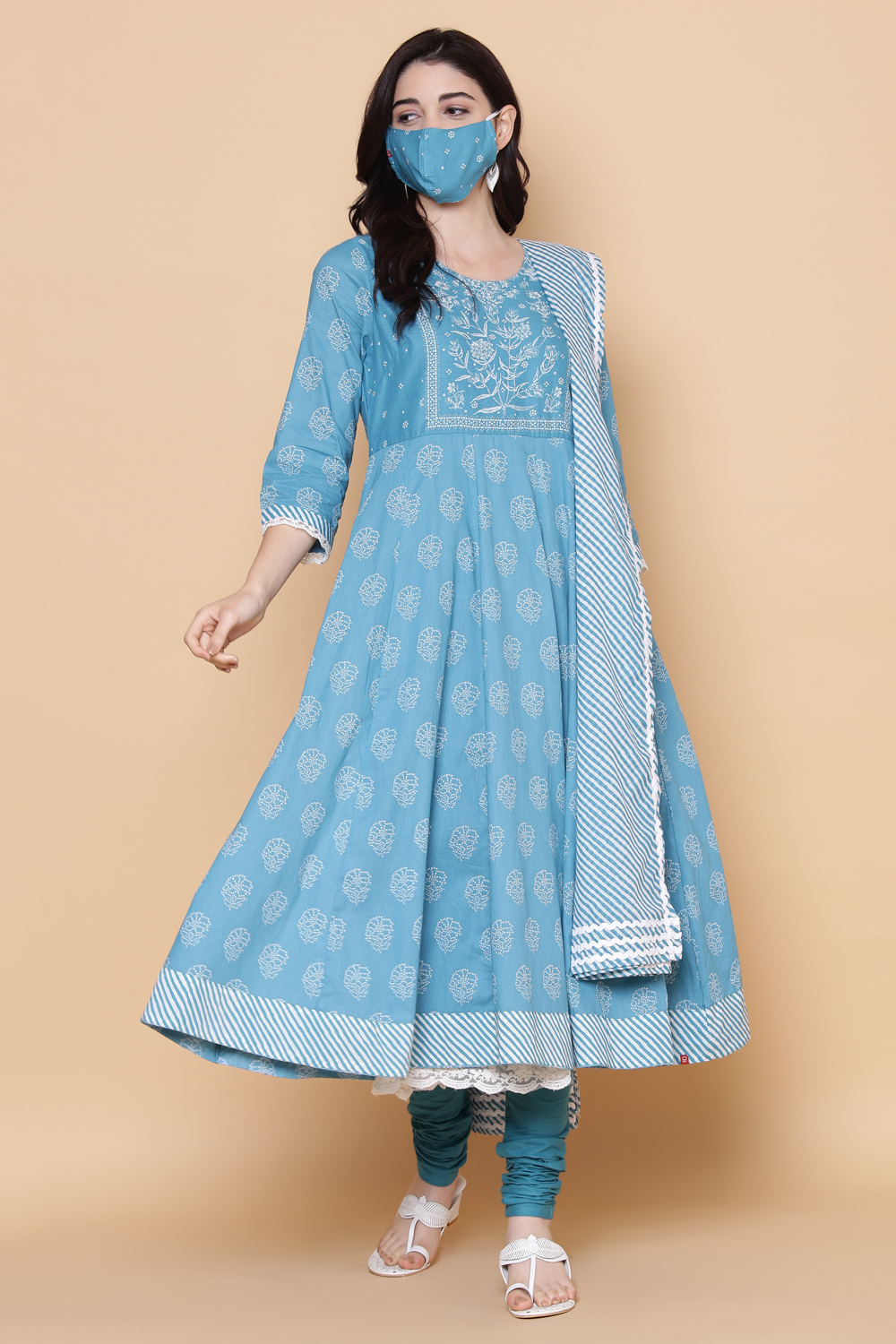 Coral Cotton Anarkali Kurta Churidar Suit Set image number 4