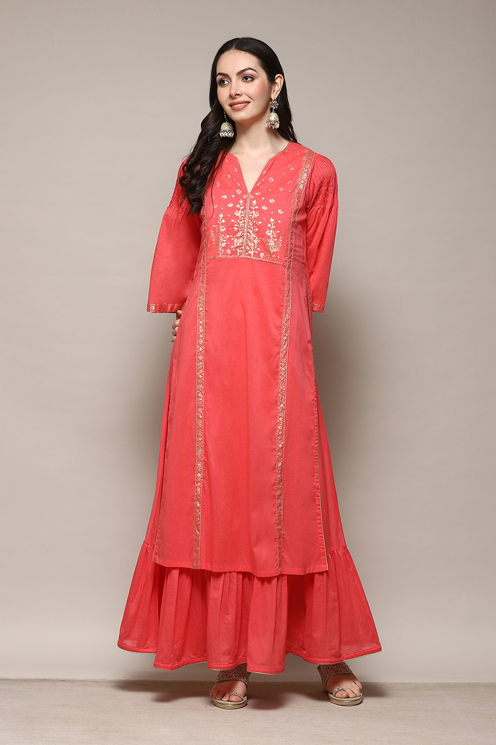 Green Cotton Flared Printed Kurta image number 6