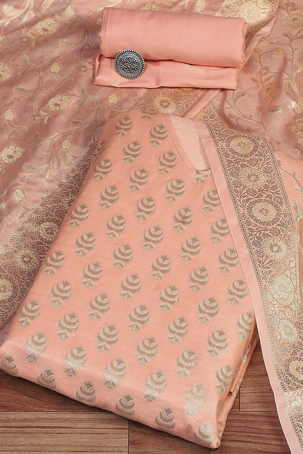 Peach Cotton Printed Embroidered Unstitched Suit Set image number 0