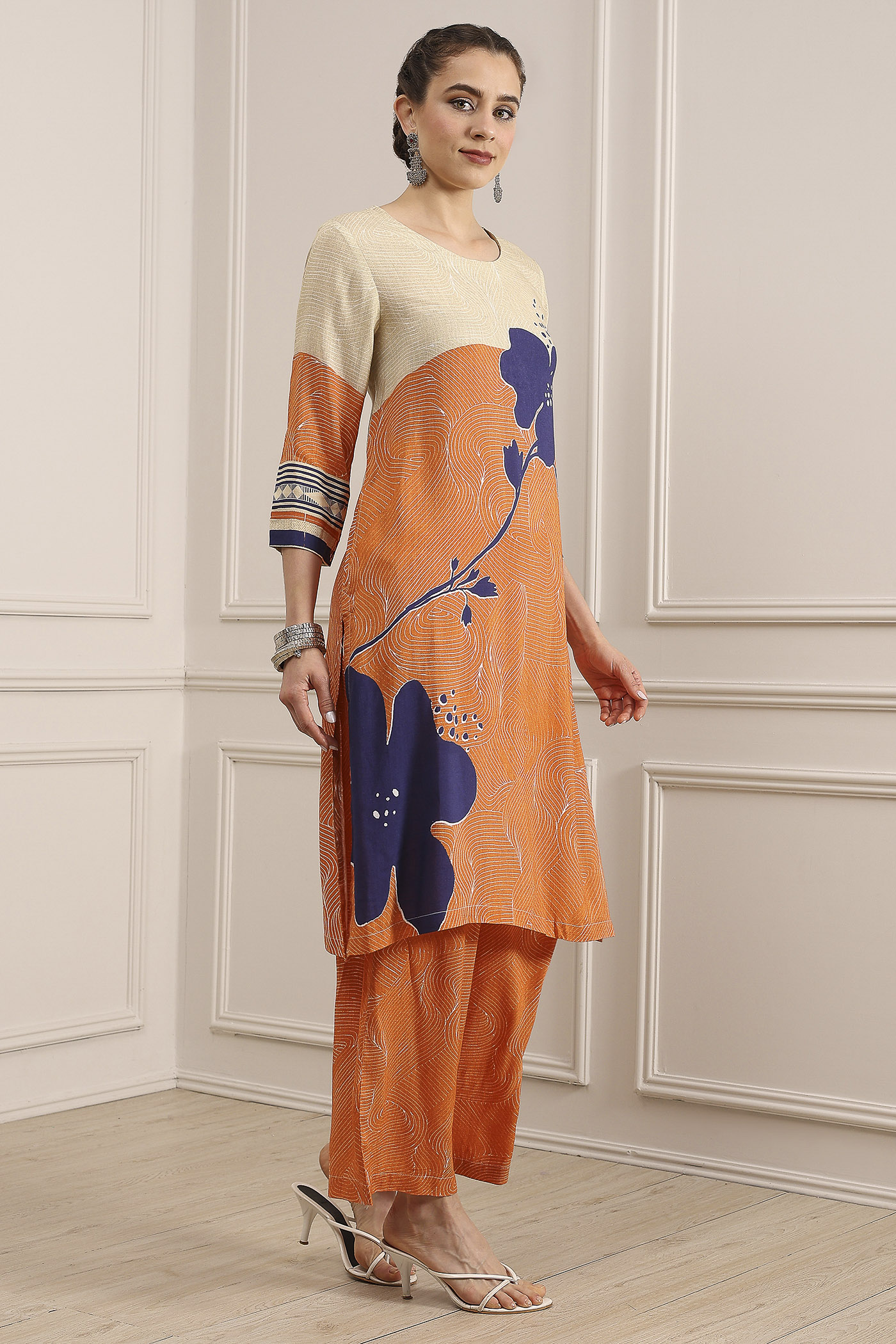 Orange Viscose Rayon Straight Printed Fusion Set image number 5