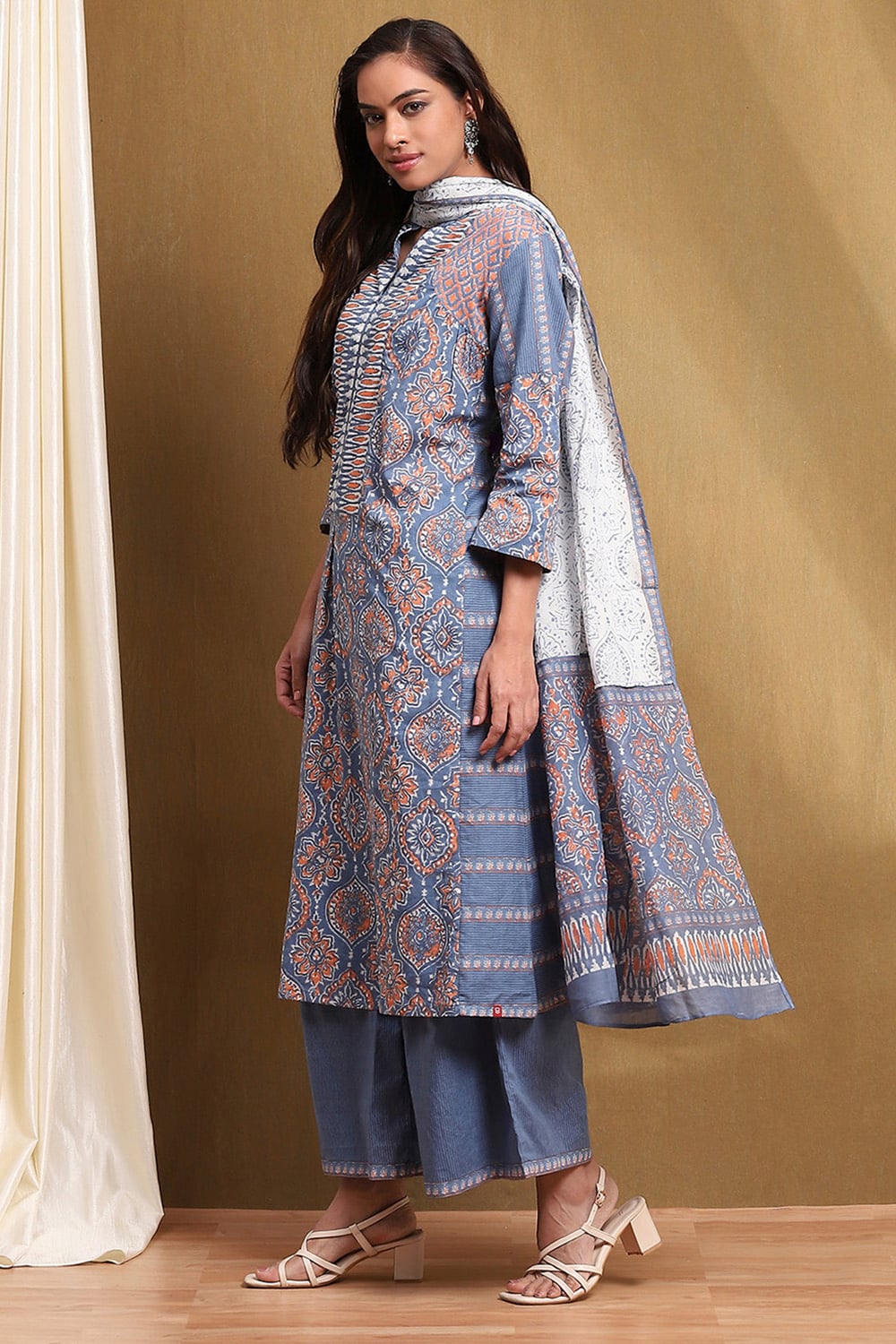 Purple Cotton Printed A-Line Suit Set image number 3