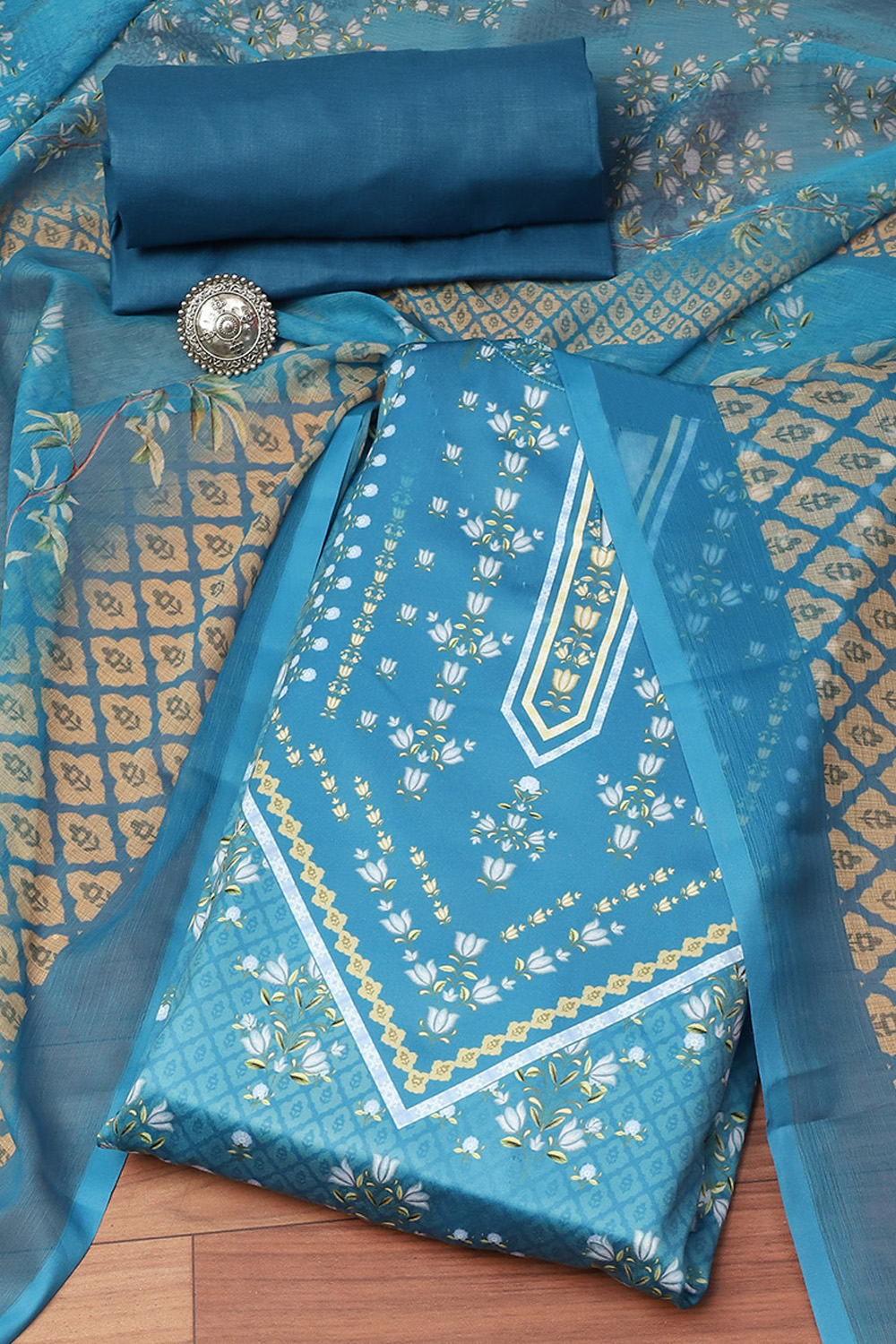 Blue Cotton Screen Print Unstitched Suit Set image number 0