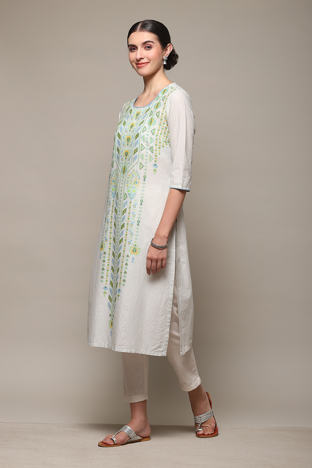 Blue Cotton Straight Printed Kurta image number 2