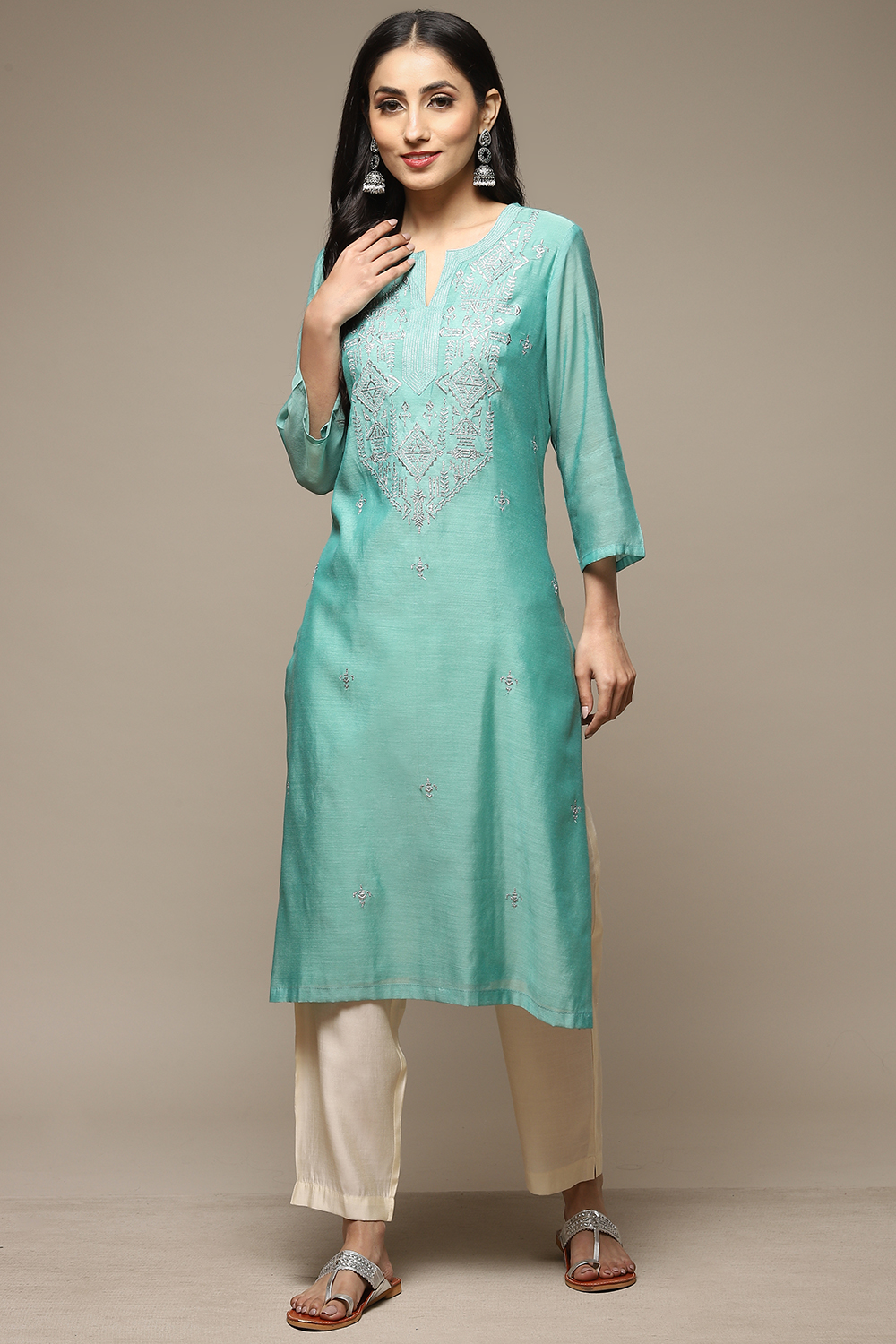 Blue Cotton Blend Straight Yarndyed Kurta image number 0