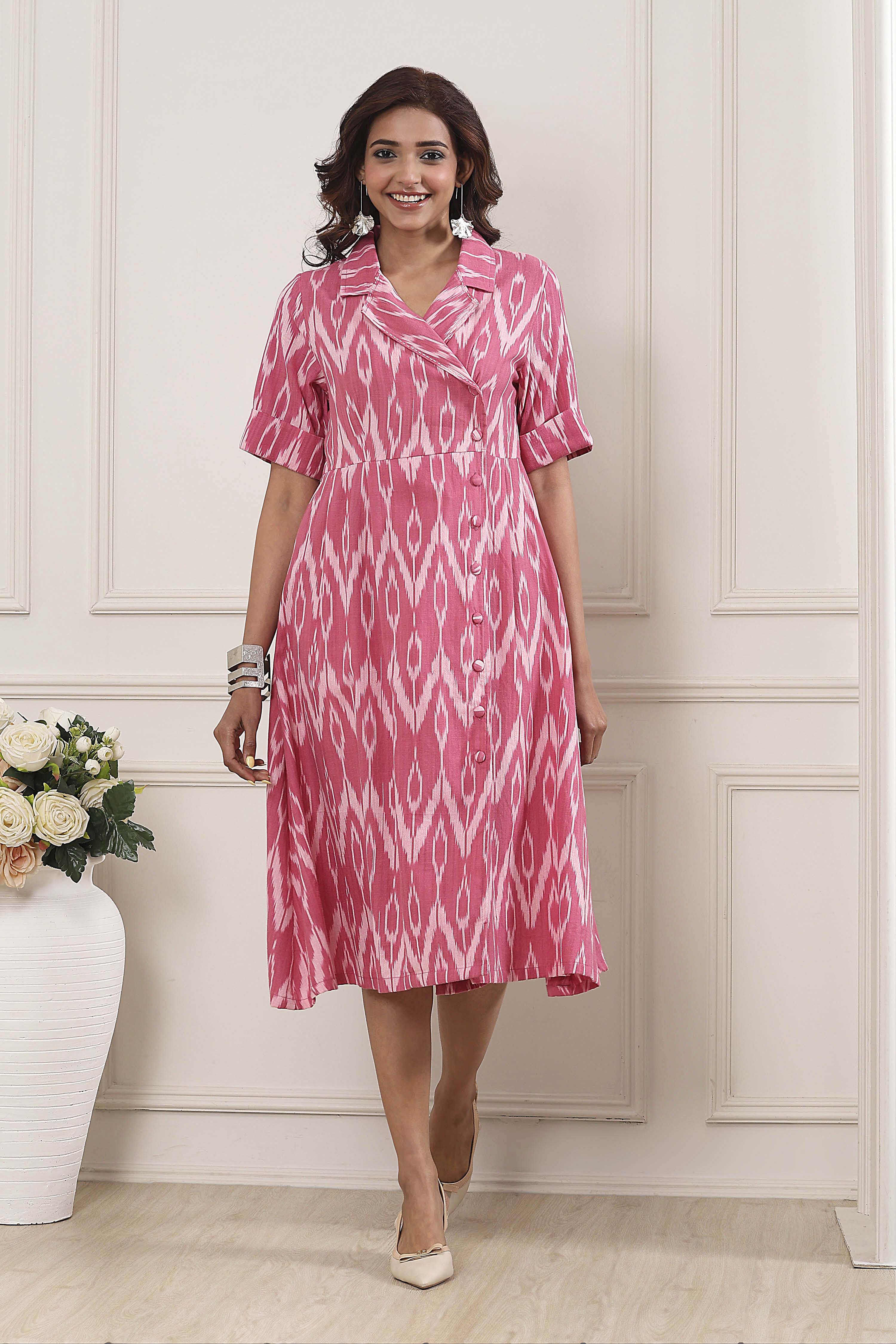 Pink Cotton Ikat Printed Flared Dress image number 5