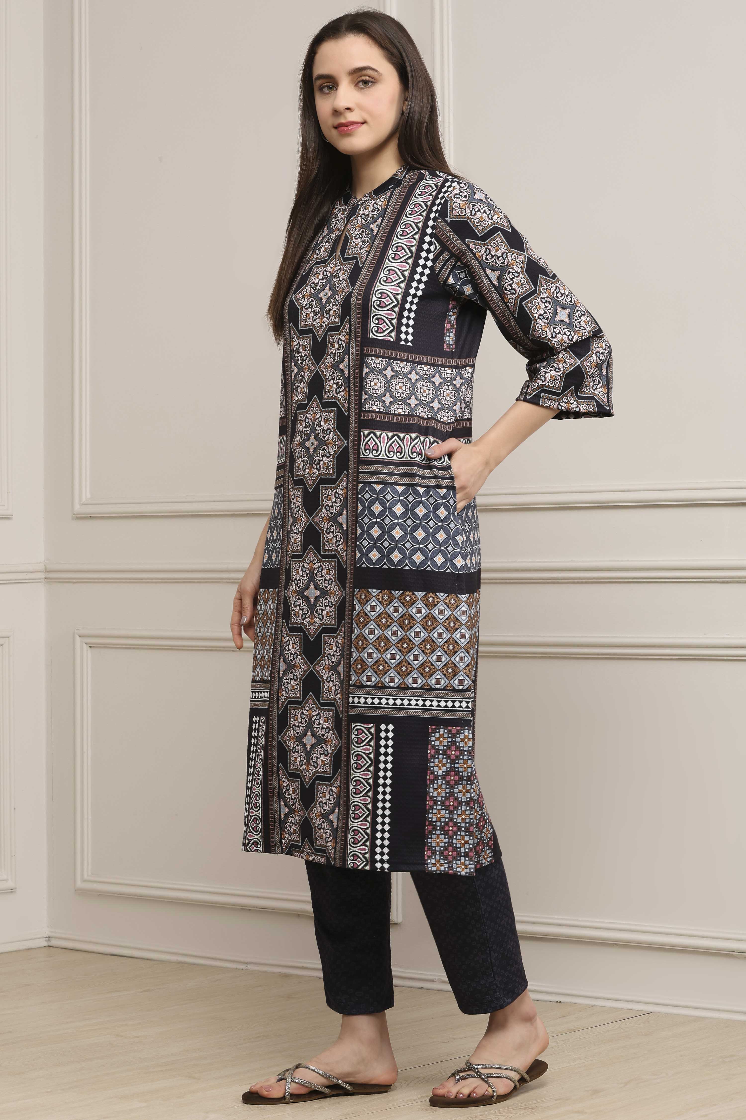 Black Polyester Printed Straight Kurta Pants Set image number 3