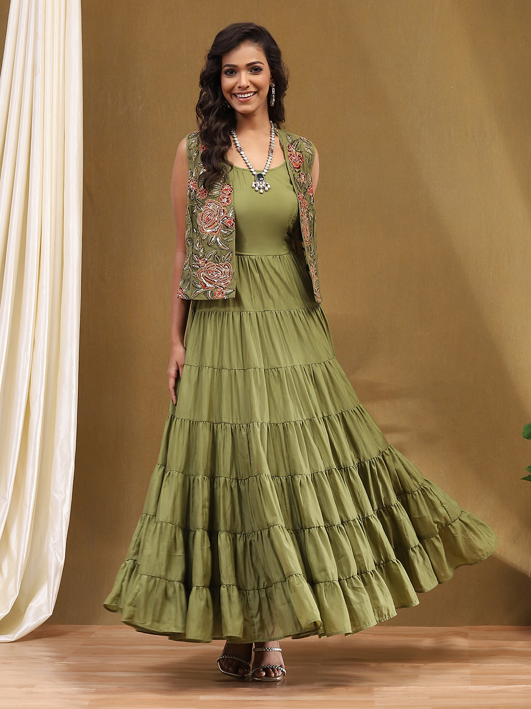 Green Georgette Festive Tiered Anarkali Dress image number 0
