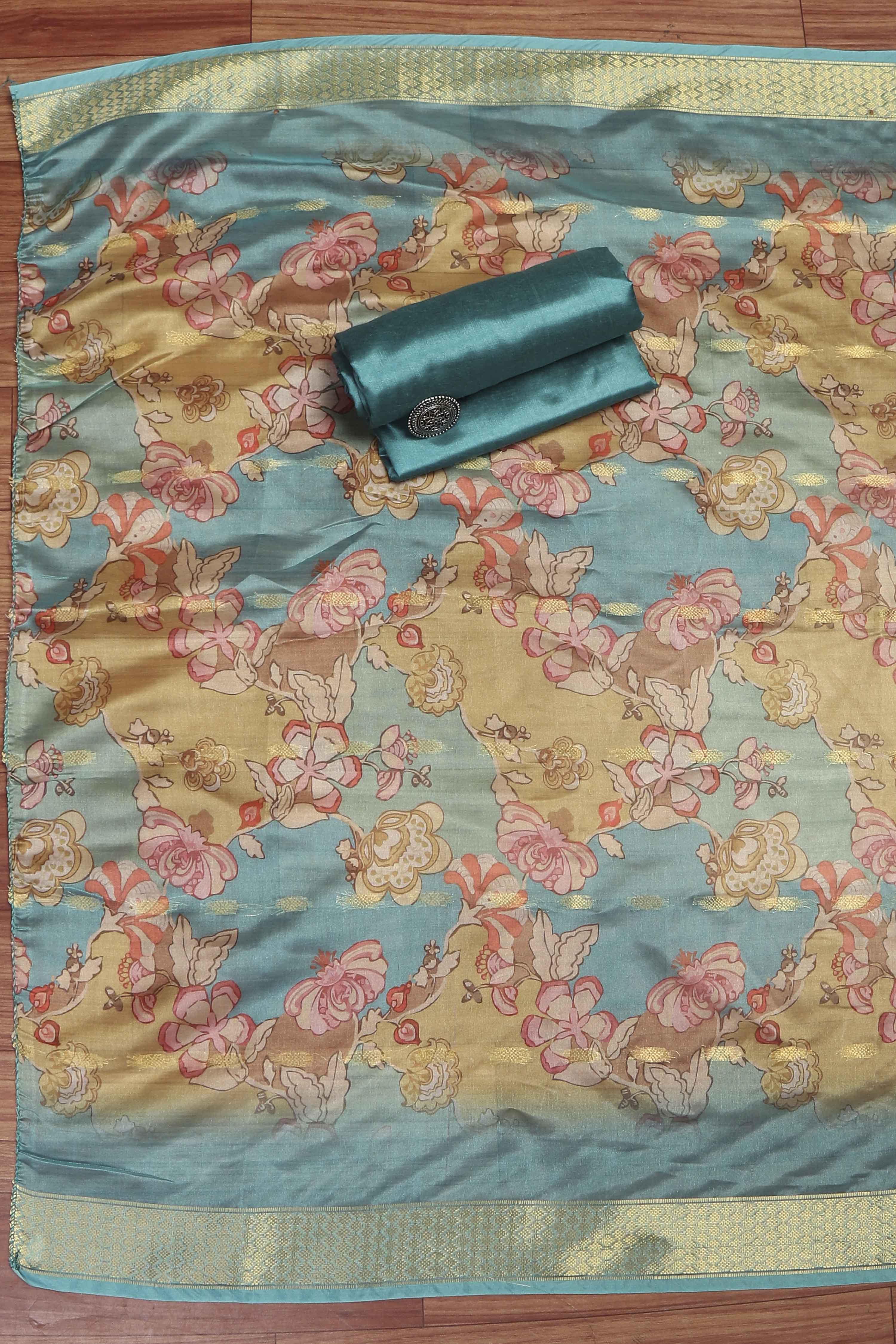 Blue Cotton Printed Embroidered Unstitched Suit Set image number 3
