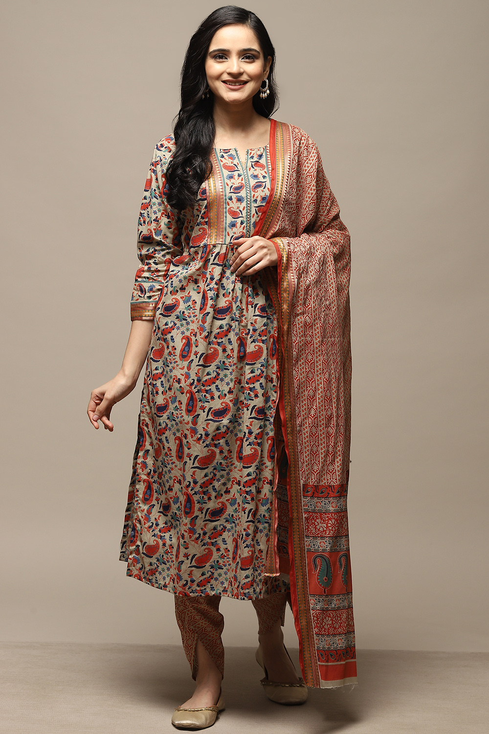 Red Cotton Hand Block Print Unstitched Suit Set image number 2