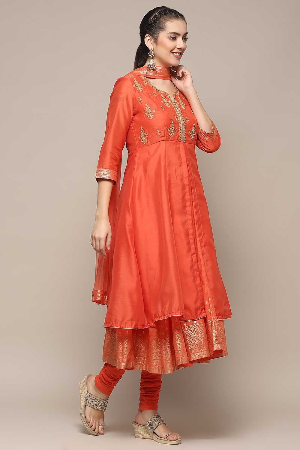 Red Nylon Anarkali Kurta Churidar Suit Set image number 6