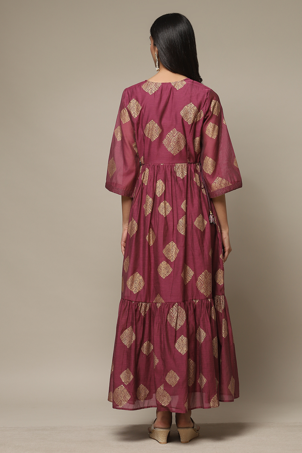 Golden Yellow Cotton Blend Tiered Printed Dress image number 2