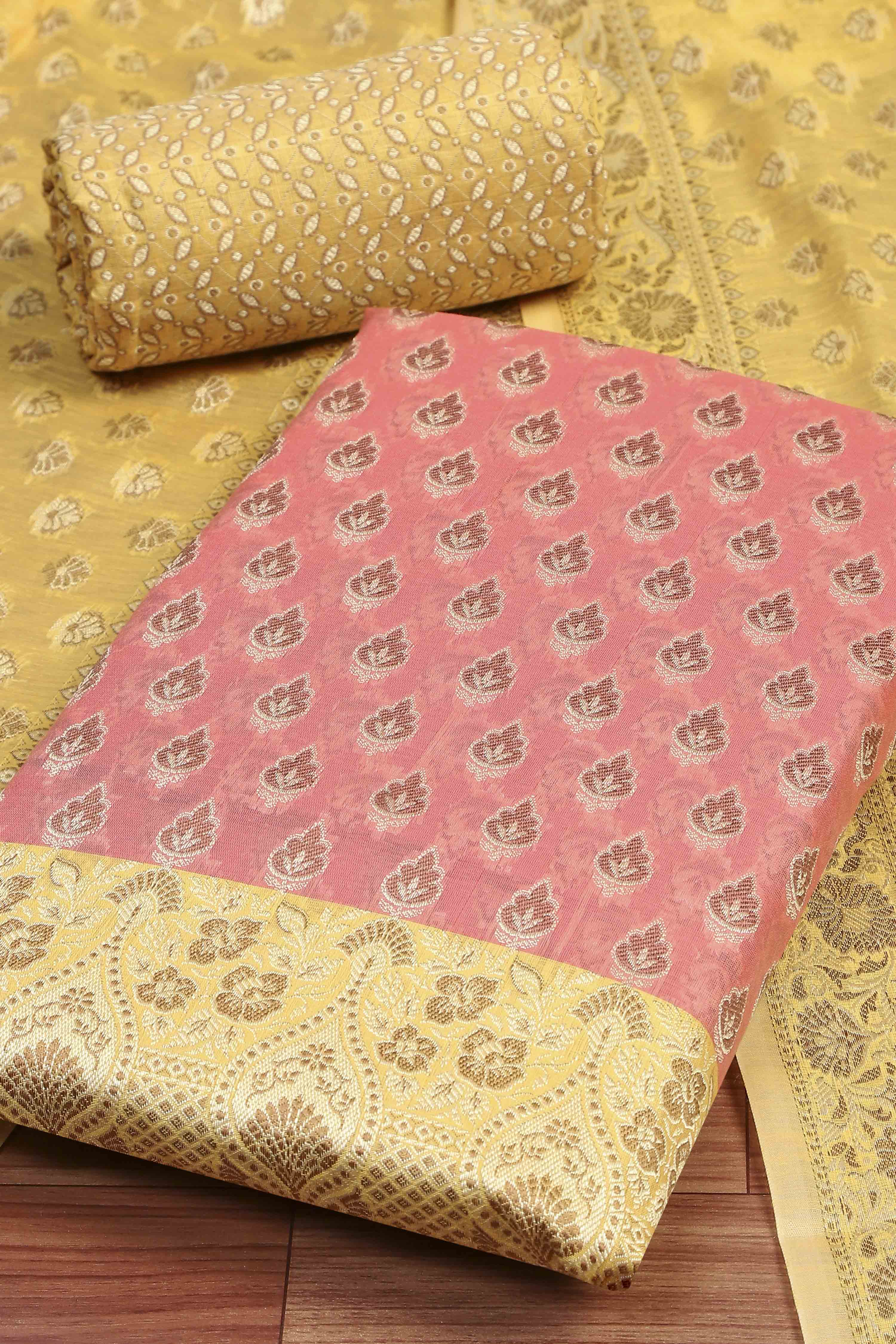 Mustard Poly Cotton Banarasi Unstitched Suit Set image number 1