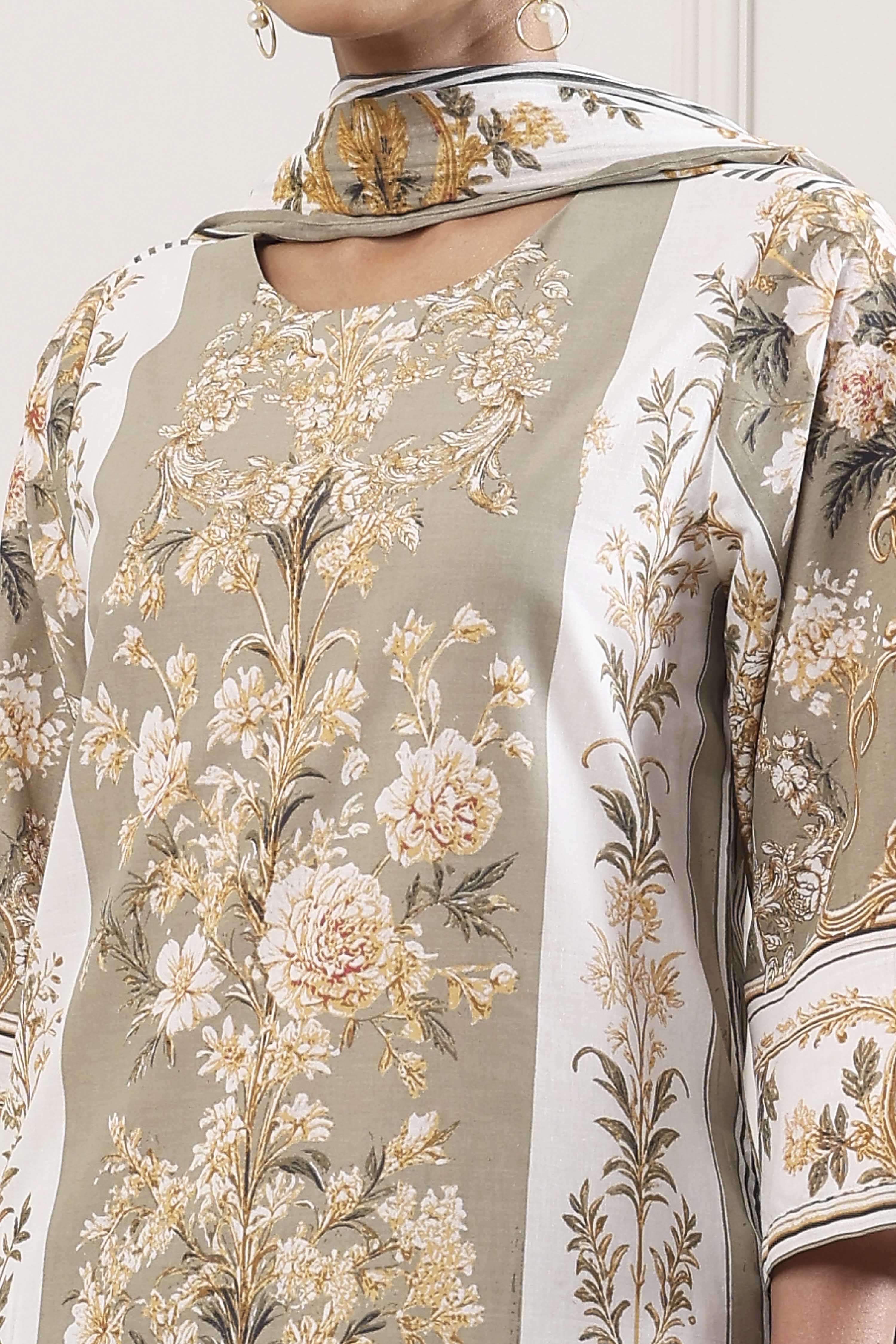 Turquoise Cotton Floral Printed Straight Suit Set image number 1