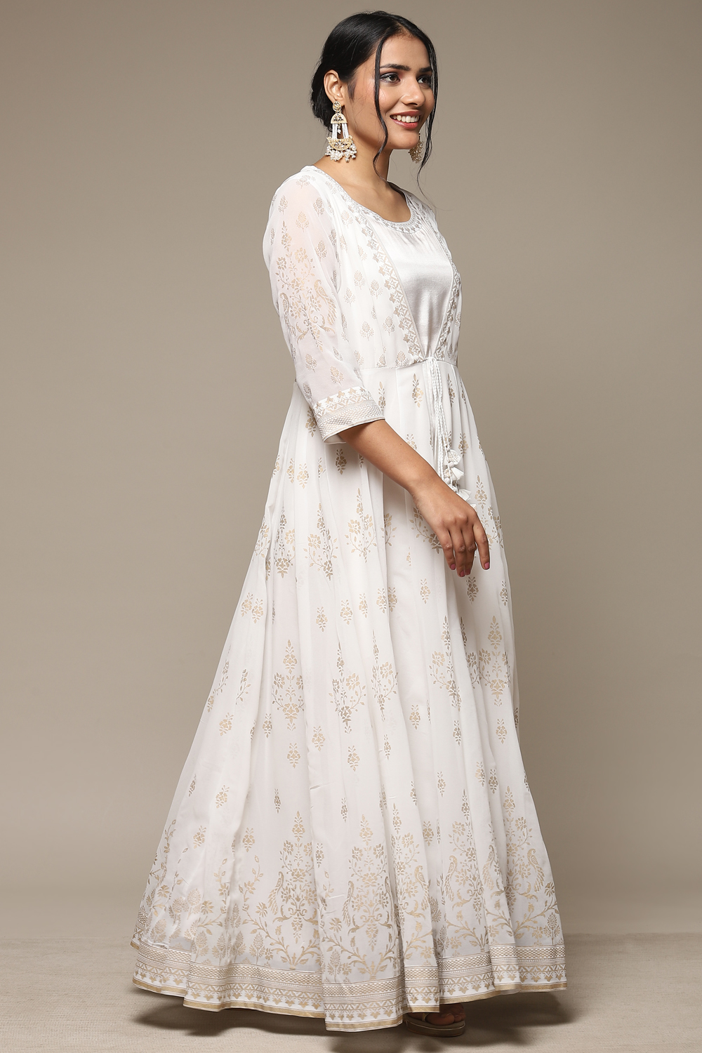 White Cotton Blend Straight Printed Dress image number 3