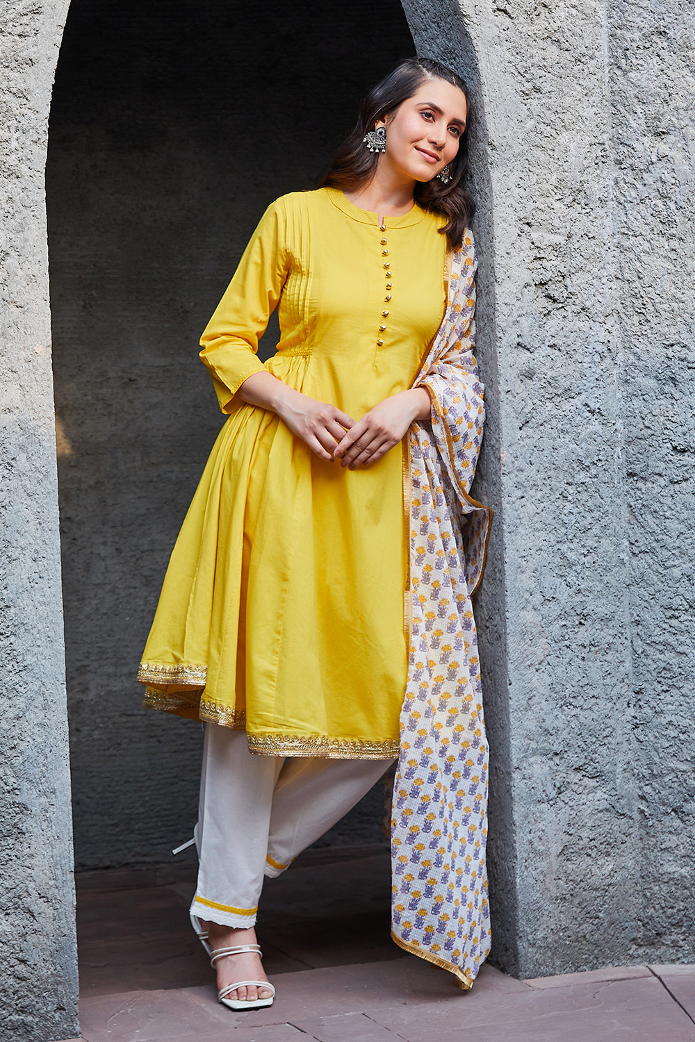 Yellow Cotton Gathered Kurta & Pants Suit Set image number 5