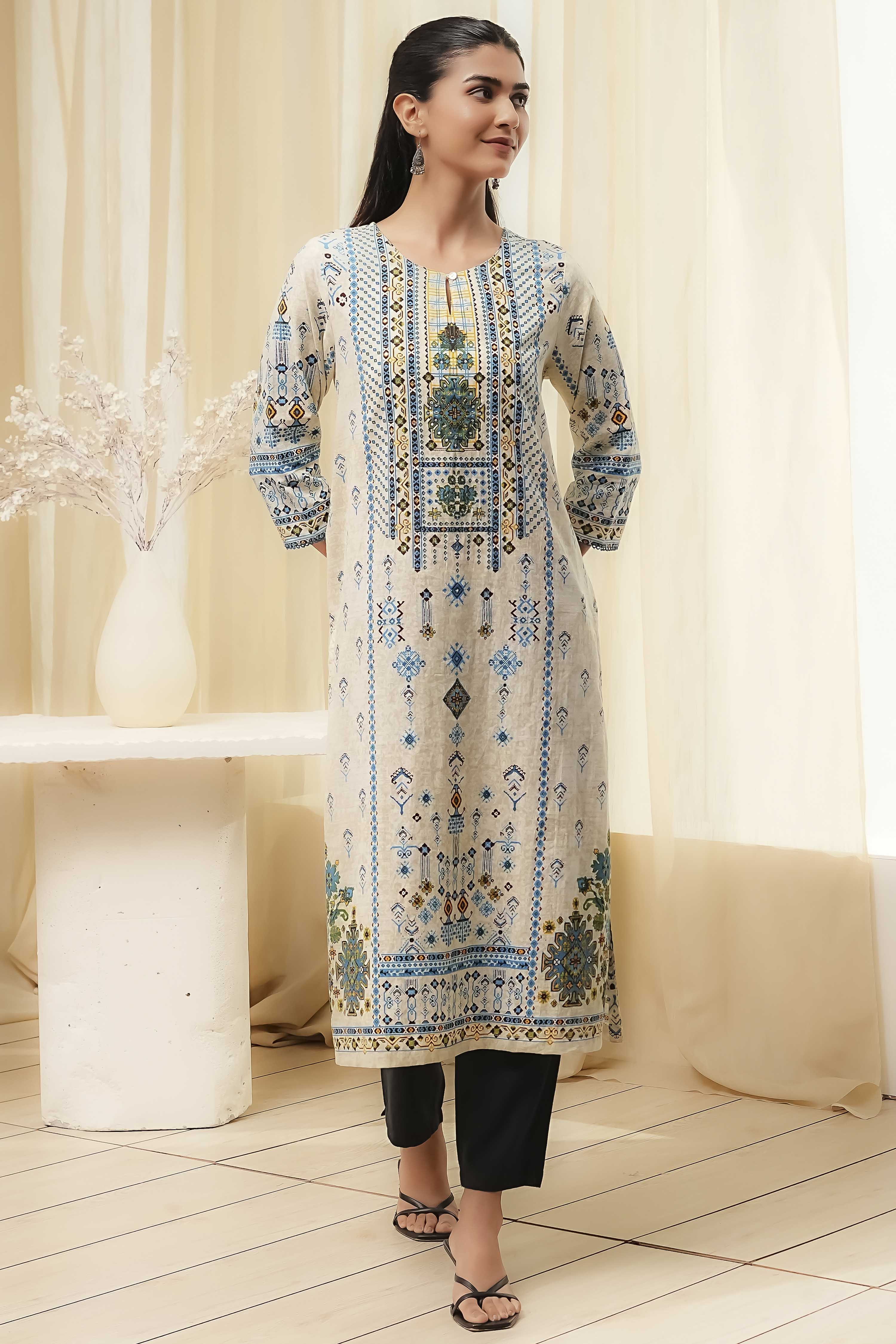 Off-White and Blue Cotton Straight Kurta image number 5