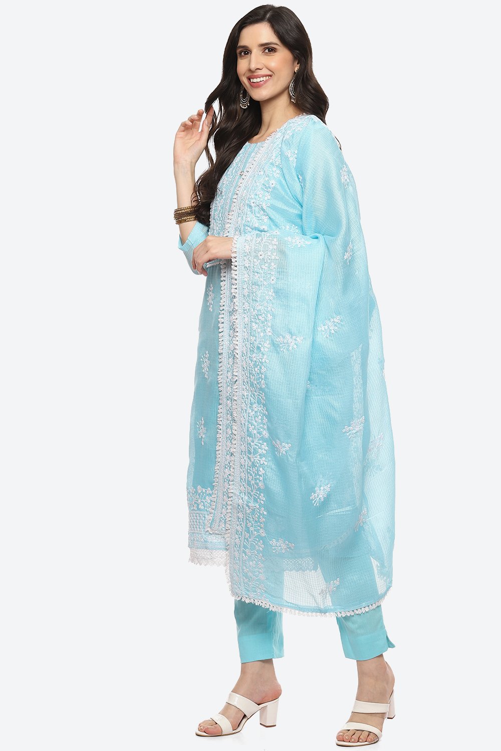 Turquoise Cotton Blend Unstitched Suit Set image number 5