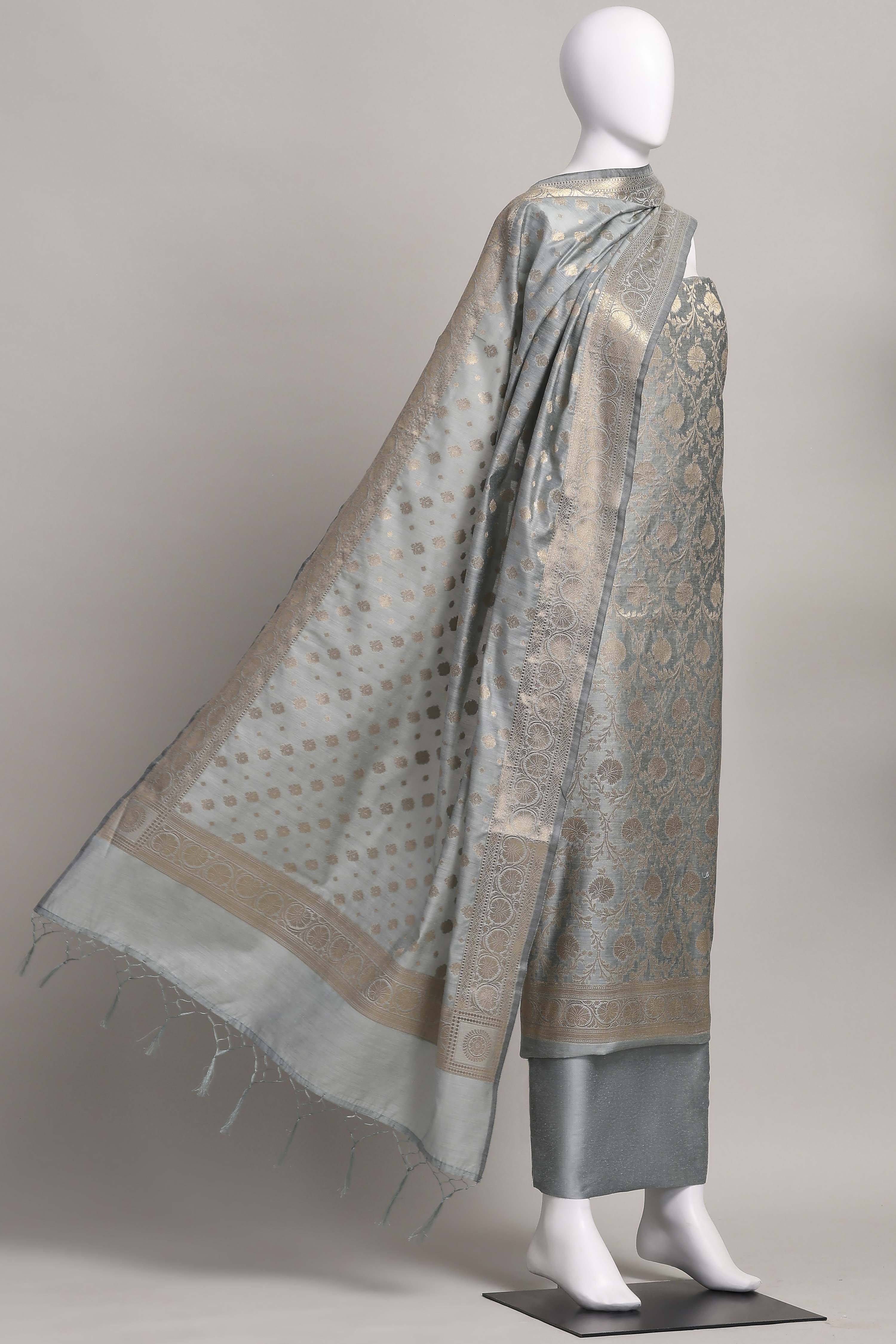 Dusty Mauve Banarasi Chanderi Banarasi Print Unstitched Suit Set image number 4