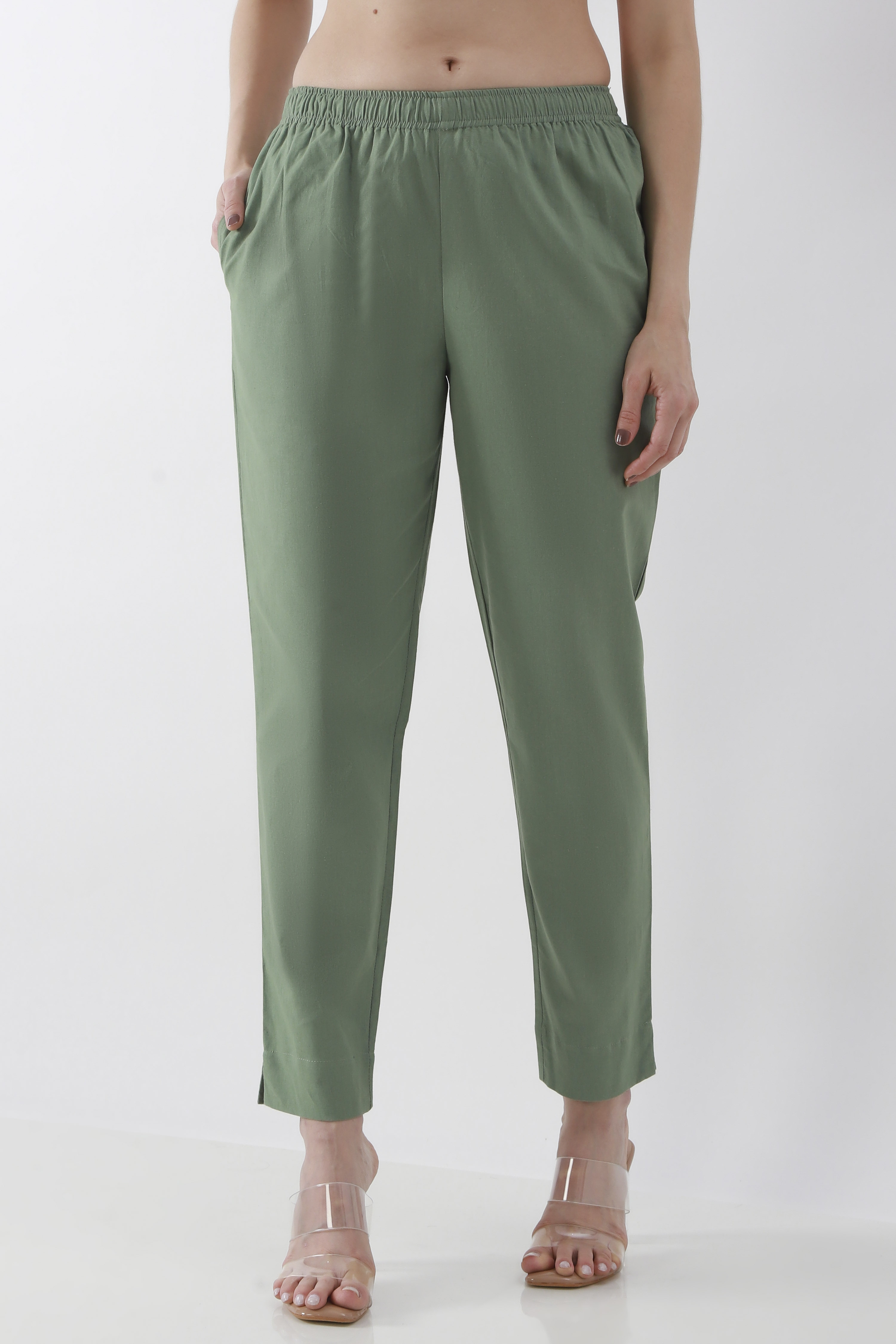 Bottle Green Cotton Solid Fitted Pants image number 4