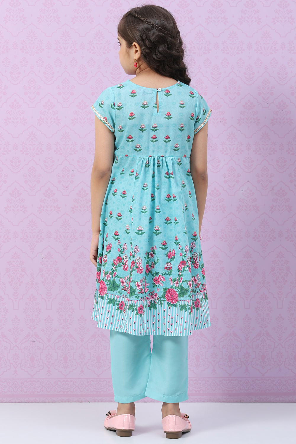 Sky Blue Art Silk Straight Printed Kurta Set image number 4