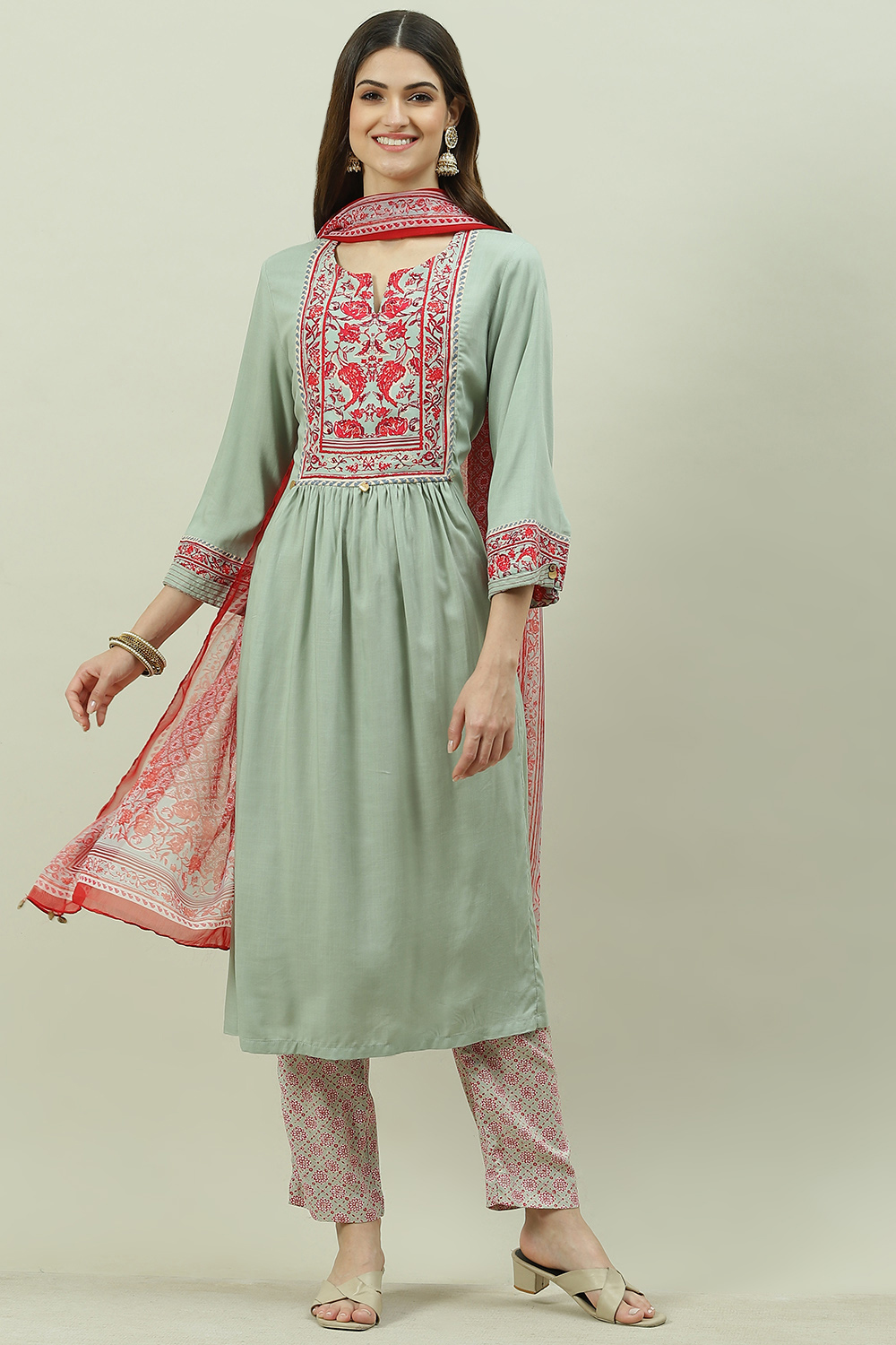 Jade Green Rayon A-Line Kurta Slim Pant Suit Set image number 0