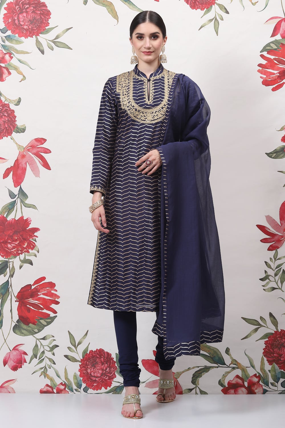 Blue Cotton Silk Straight Yarndyed Suit Set image number 0