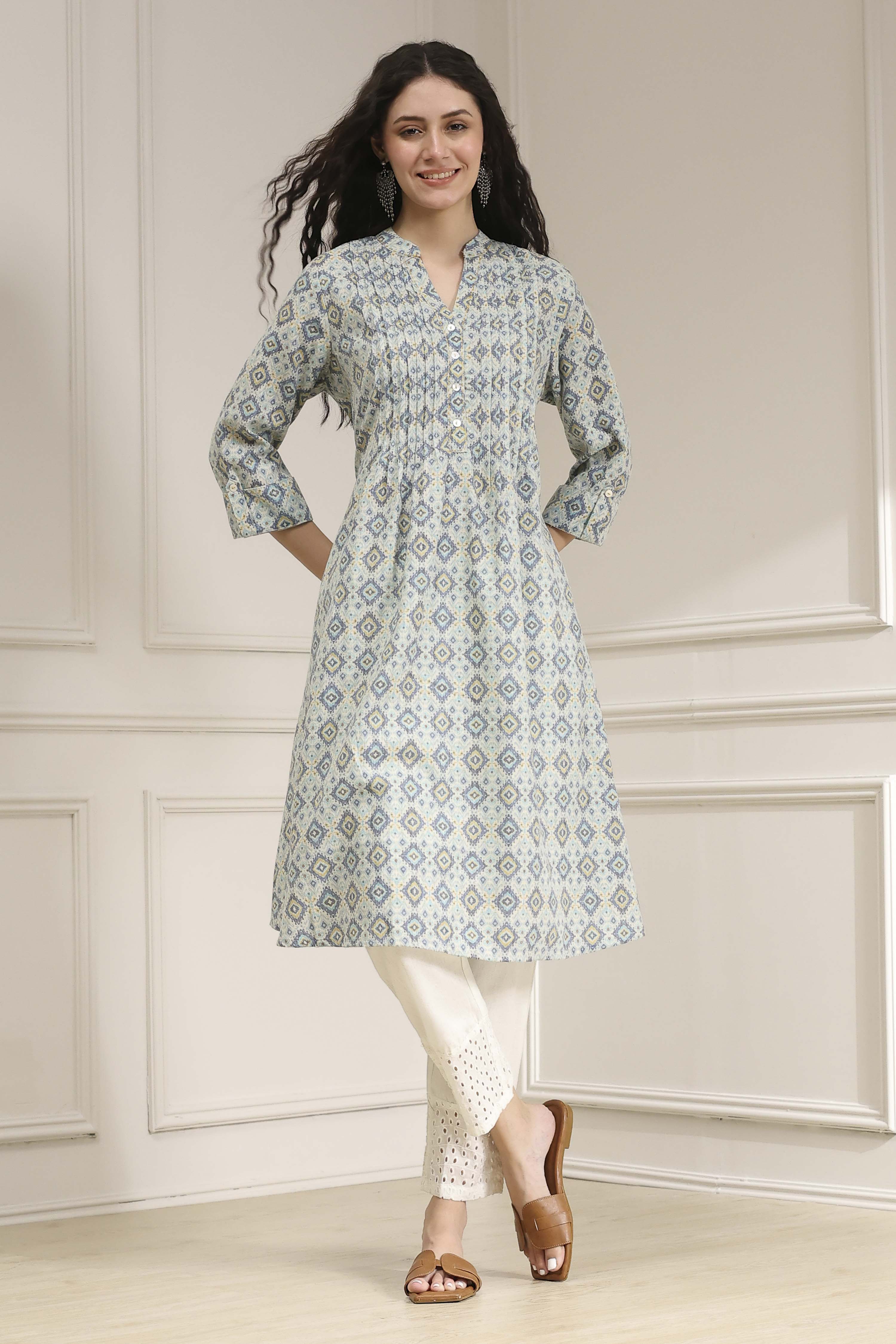 Blue Cotton Printed A-Line Kurta image number 0
