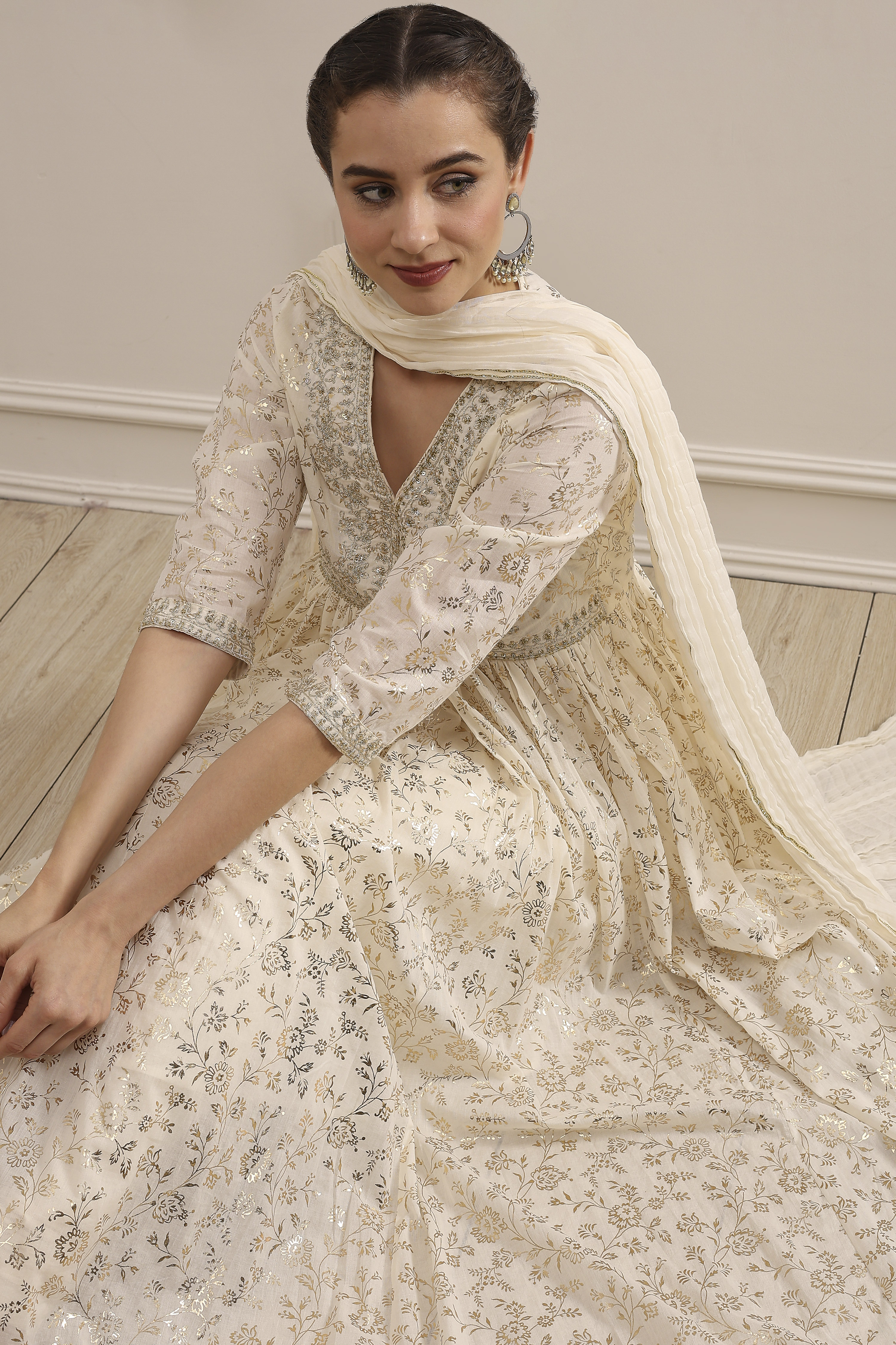 Off-White Cotton Foil Printed Anarkali Suit Set image number 0