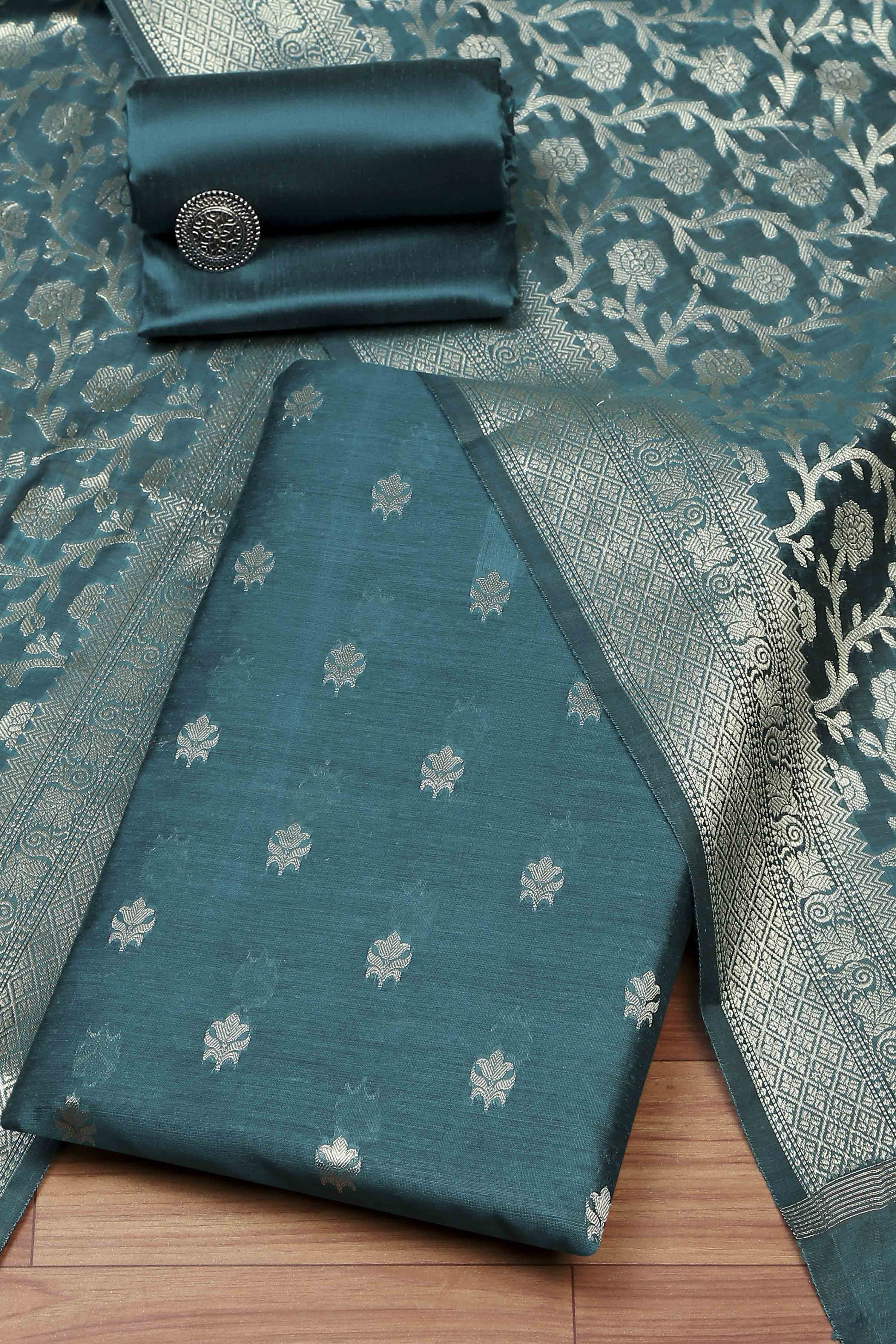 Green Black Poly Cotton Banarasi Unstitched Suit Set image number 0