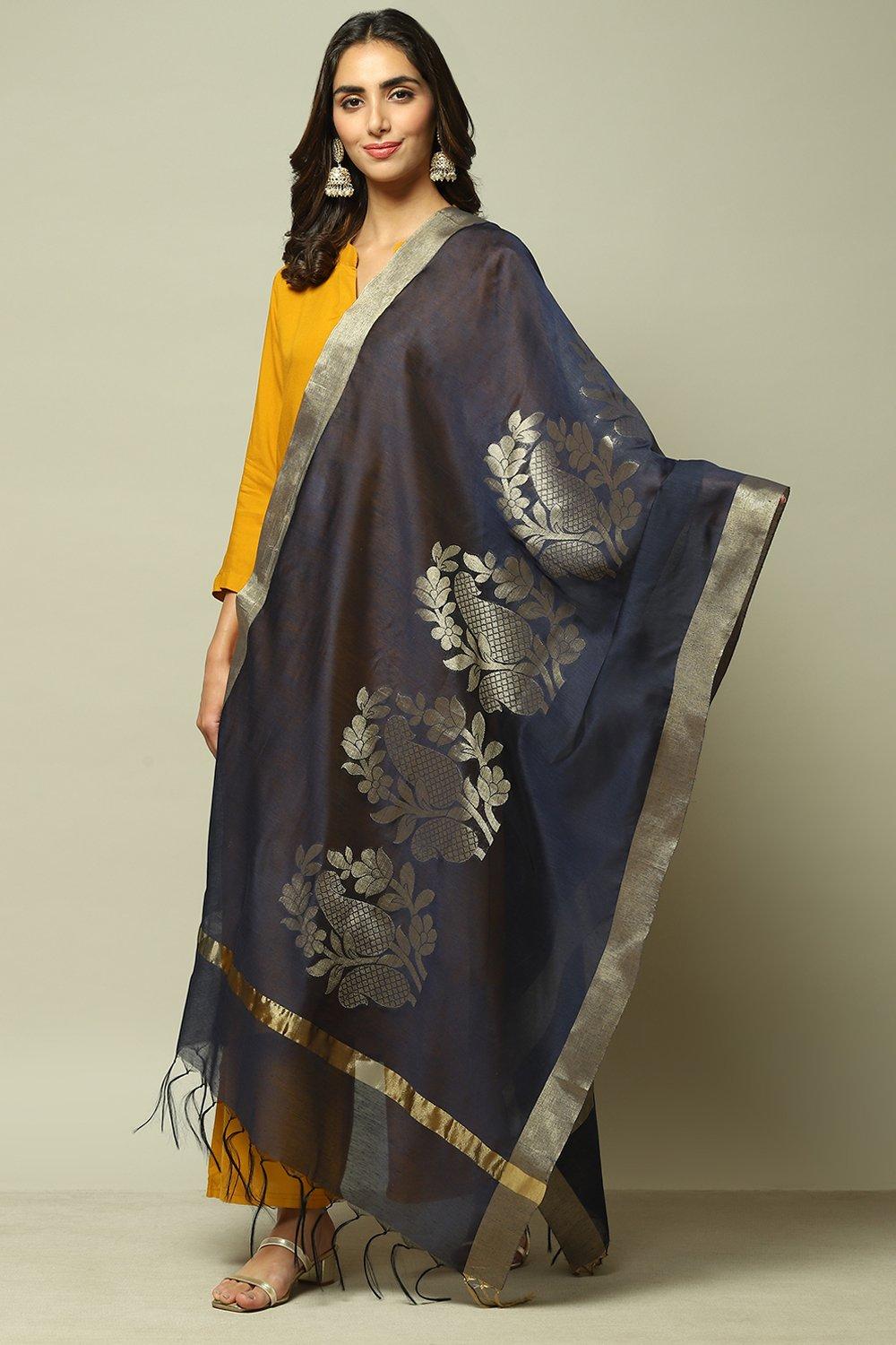 Navy Art Silk Yarndyed Dupatta image number 0