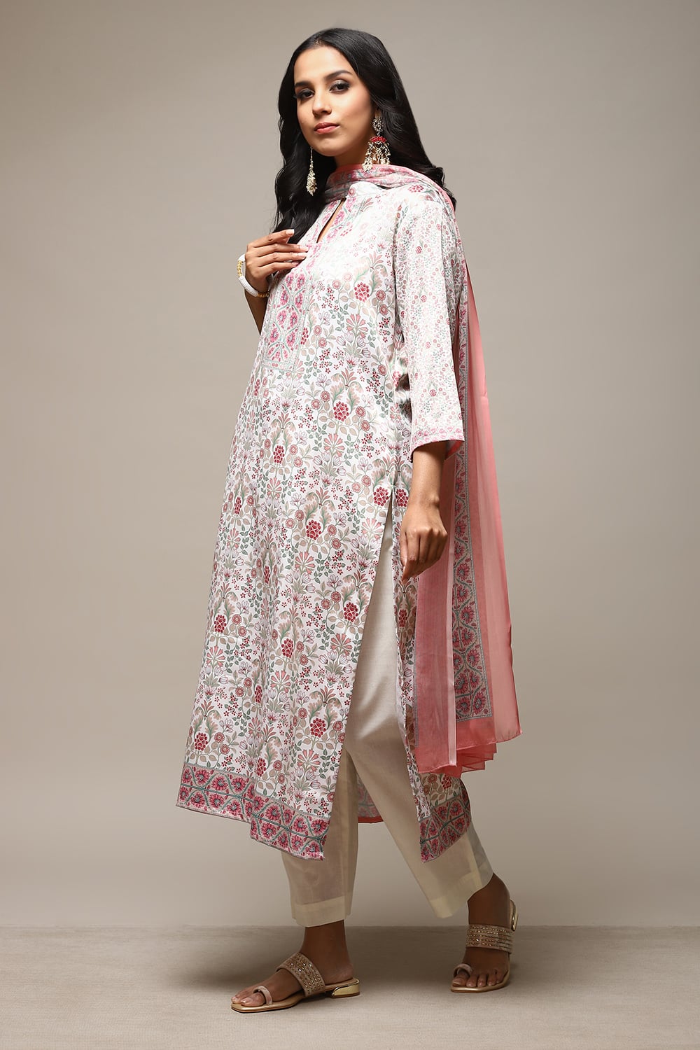 Off White Cotton Screen Print Unstitched Suit Set image number 11
