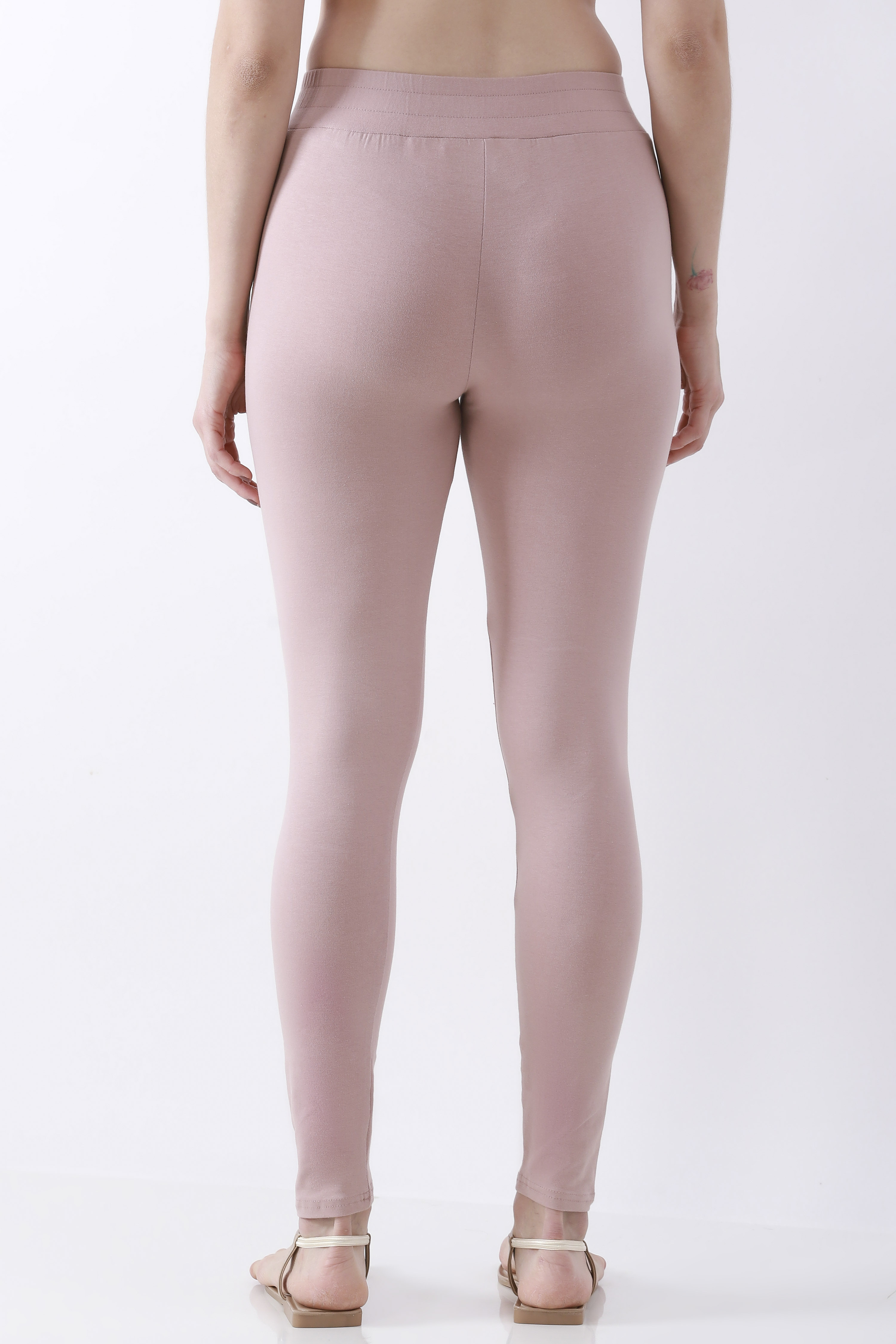 Light Pink Cotton Lycra Solid Fitted Leggings image number 5