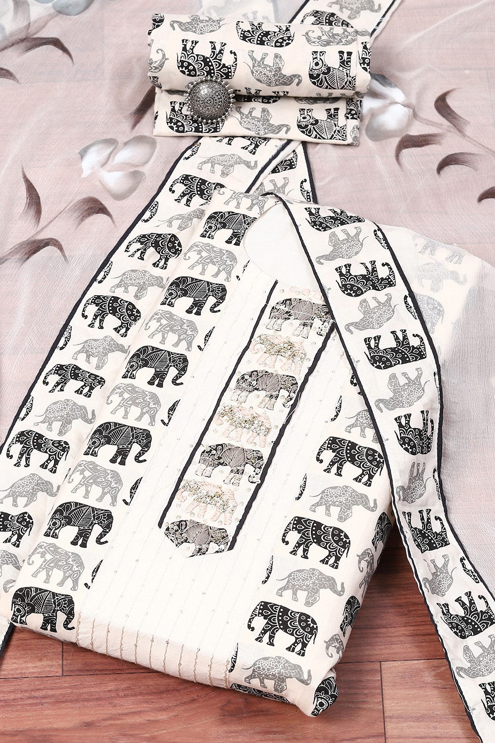 Off White Cotton Handloom Unstitched Suit Set image number 0