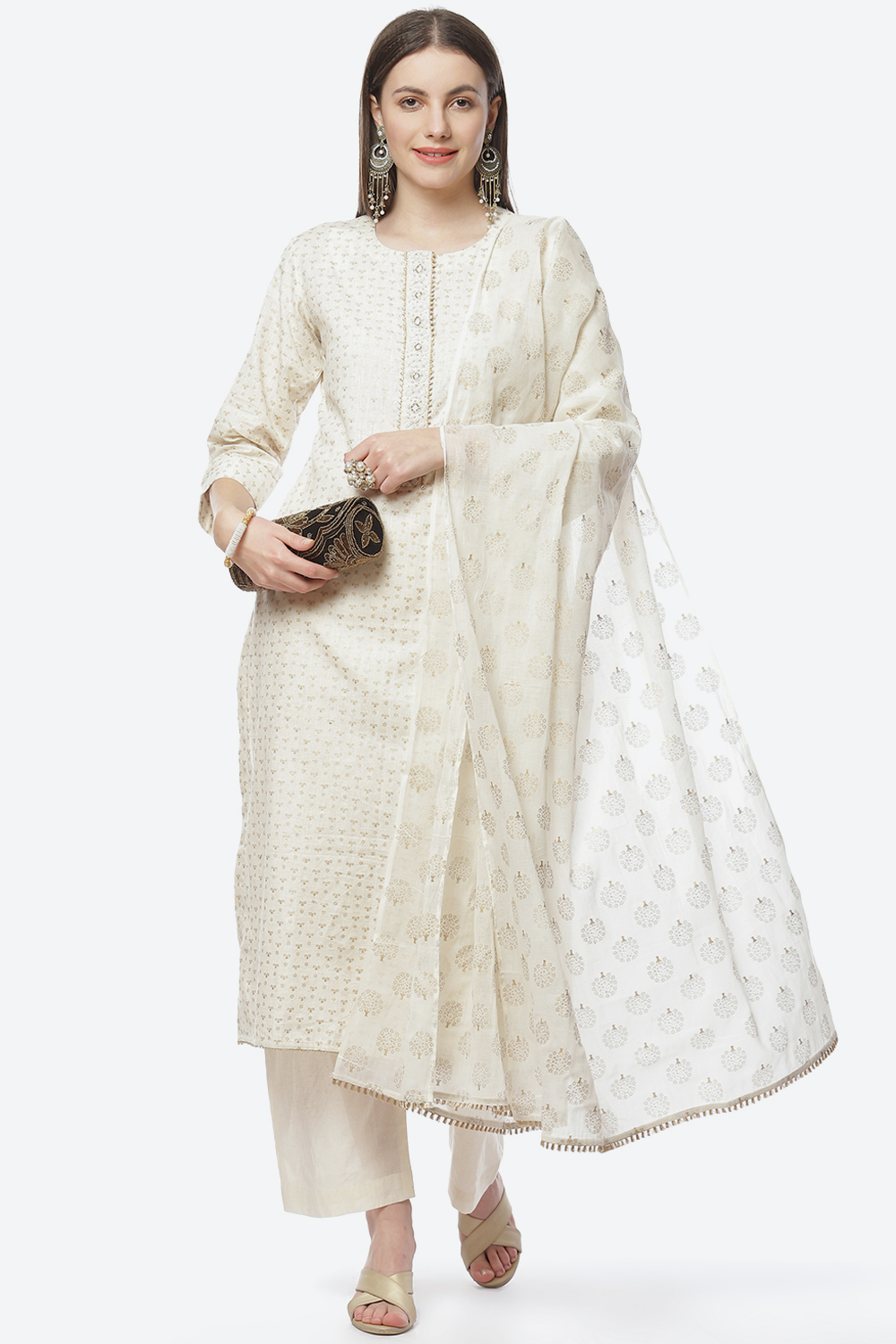 Off White Cotton Hand Block Print Unstitched Suit Set image number 7