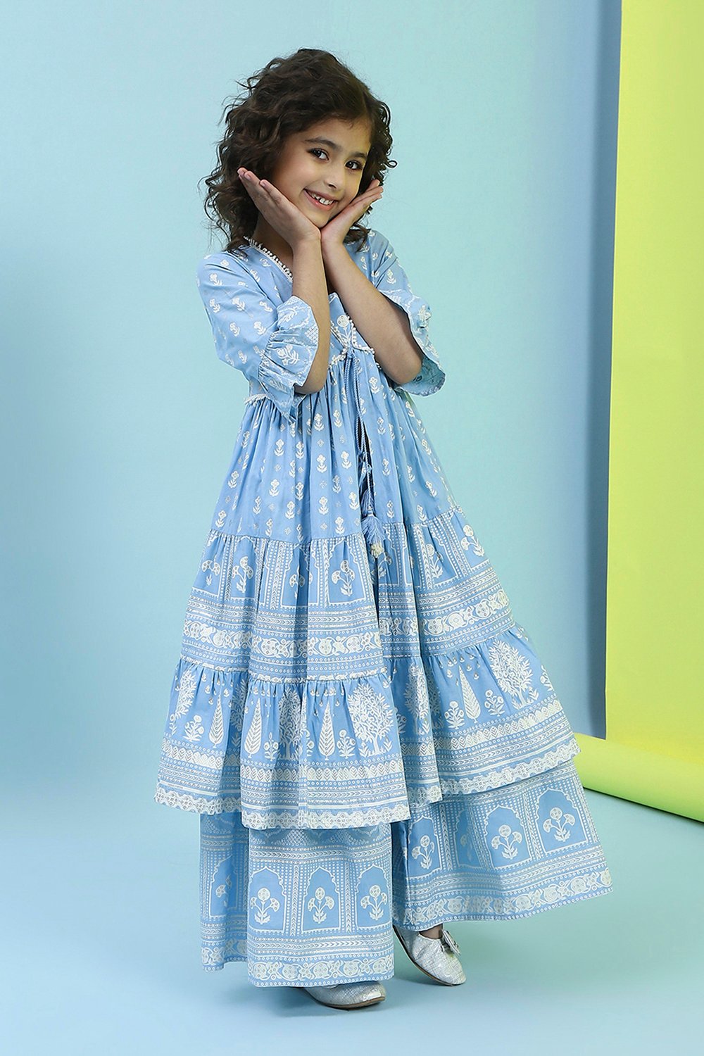 Powder Blue Cotton Tiered Kurta Set image number 0