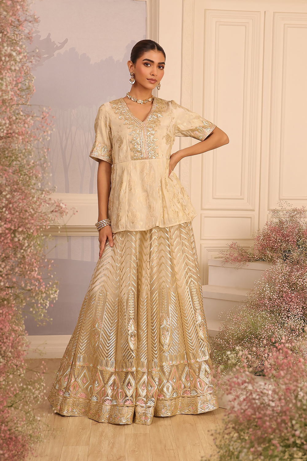 Beige Embroidered Peplum Lehenga Set image number 6
