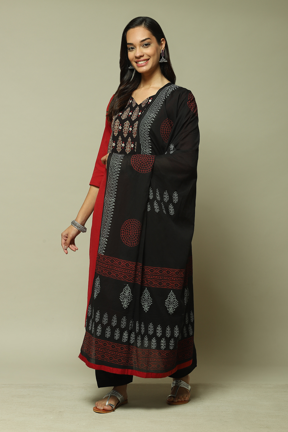 Red Flex Machine Embroidered Unstitched Suit Set image number 5