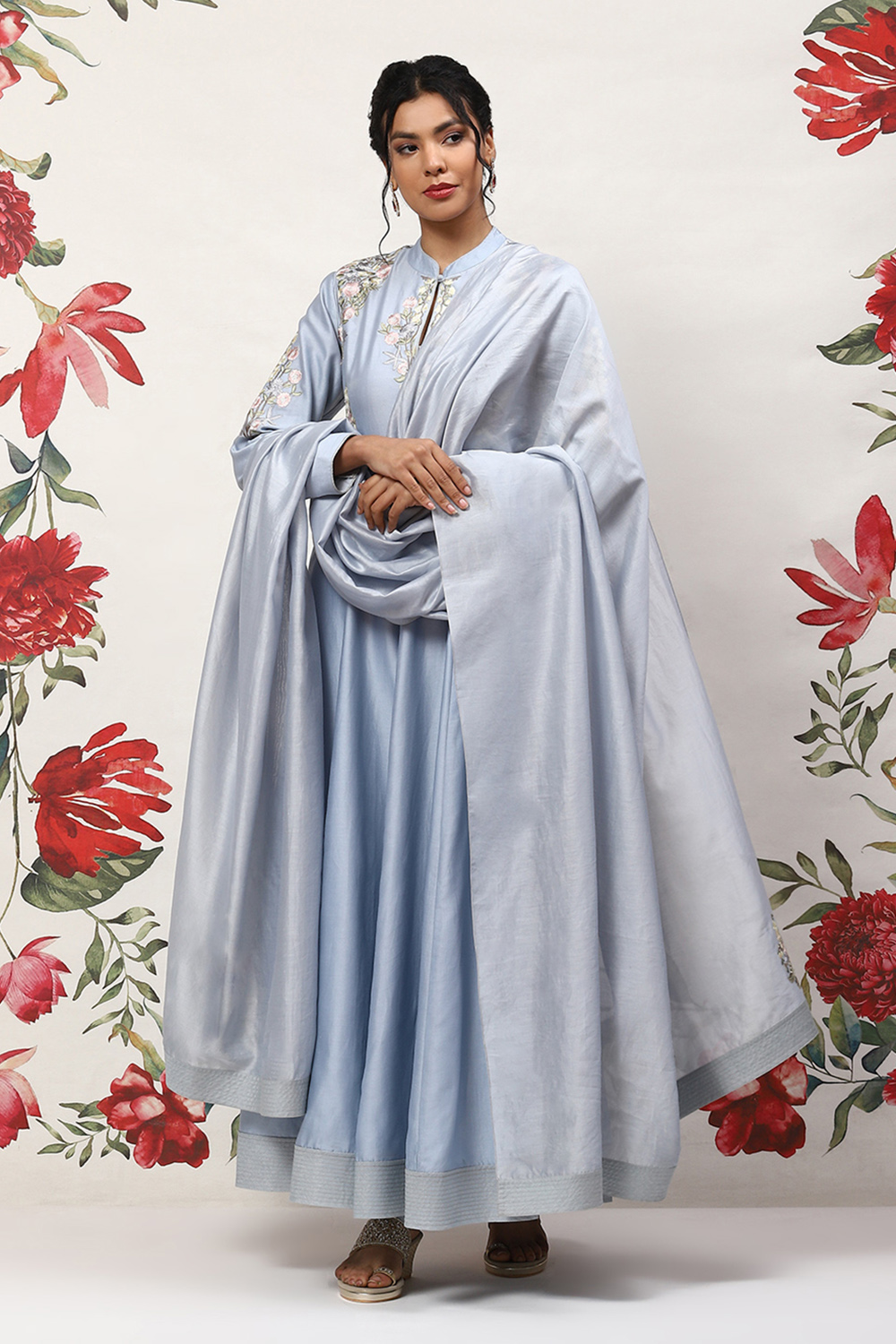 Powder Blue Cotton Blend Anarkali Kurta Suit Set image number 0