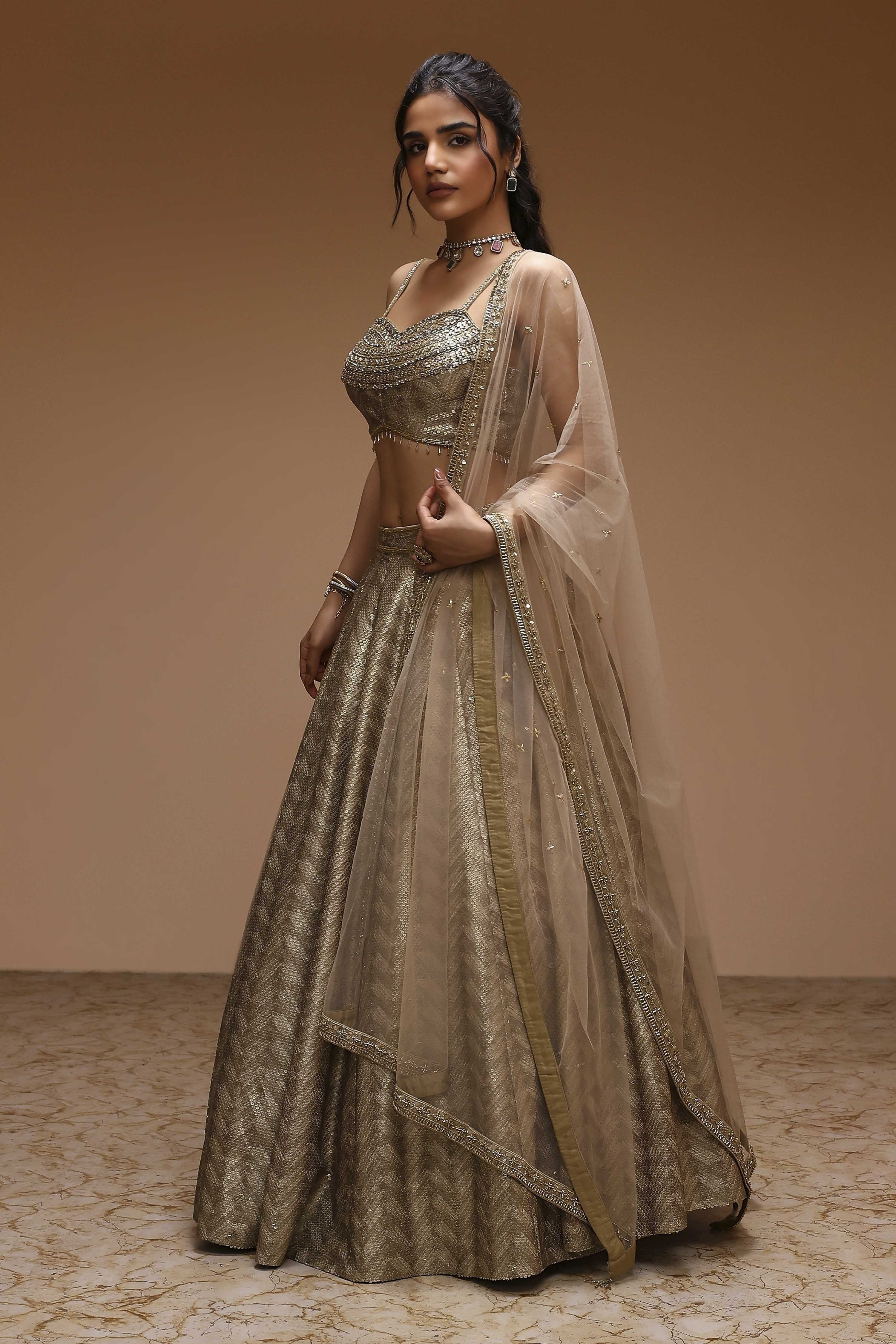 Gold-Toned Georgette Sequinned Lehenga Set image number 3