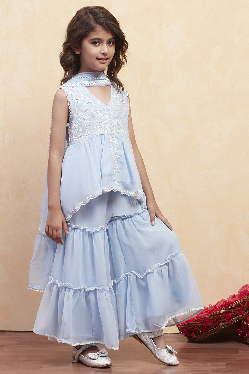 Ice Blue Embroidered Peplum Suit Set image number 0