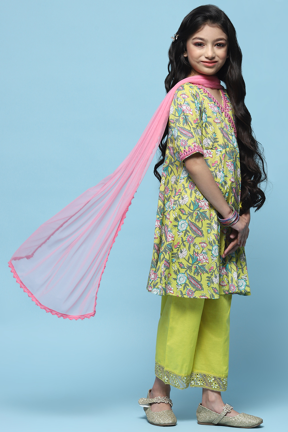 Yellow Gathered Cotton Kurta With Palazzo & Net Dupatta image number 5