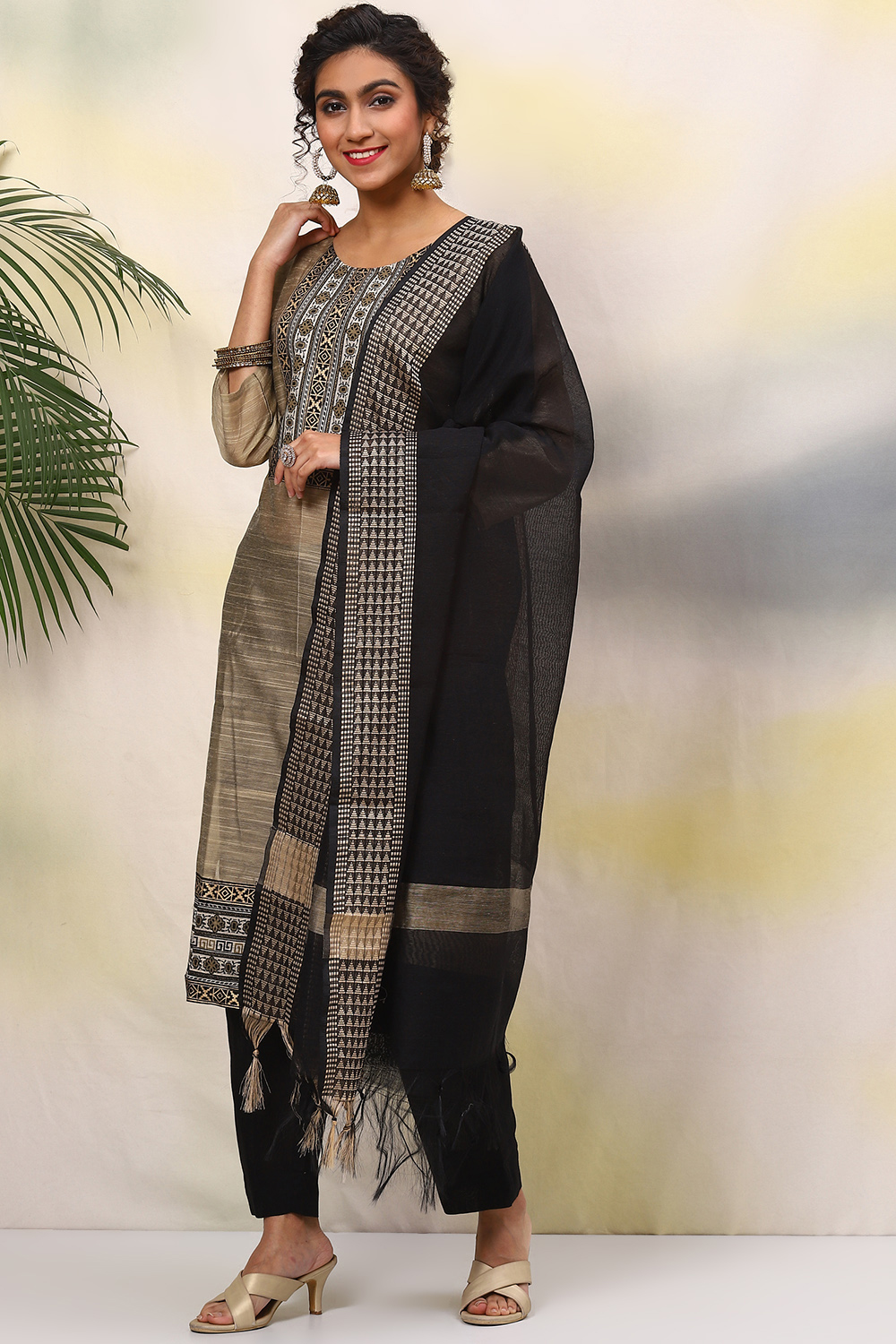 Beige Cotton Handloom Unstitched Suit Set image number 5