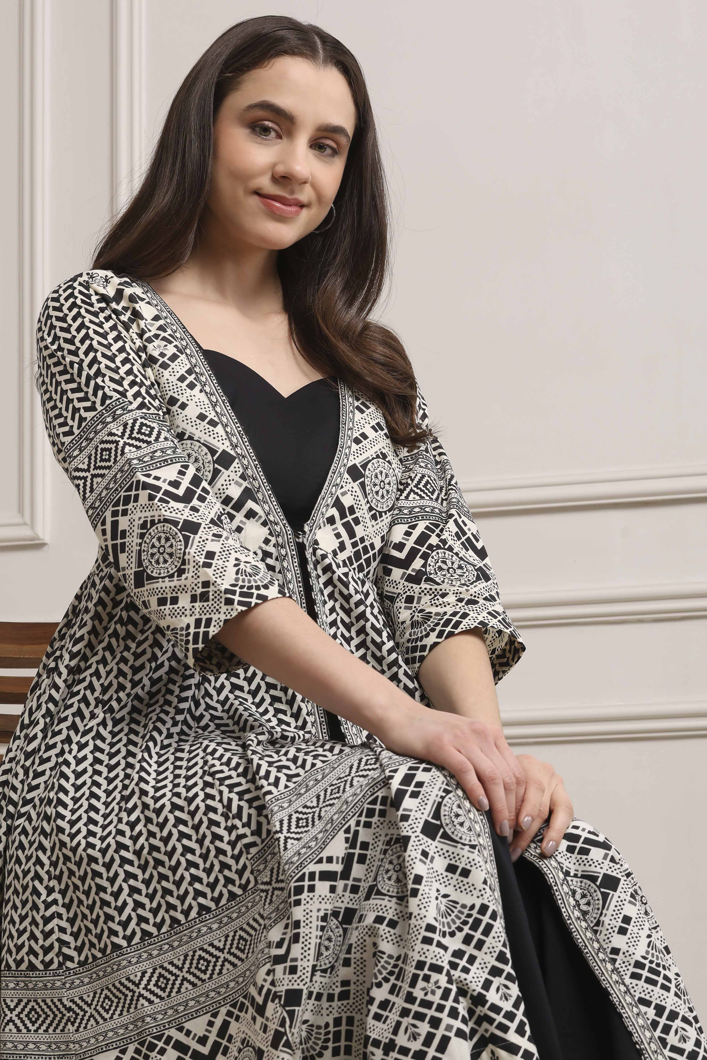 White and Black Cotton Printed Anarkali Fusion Set image number 7