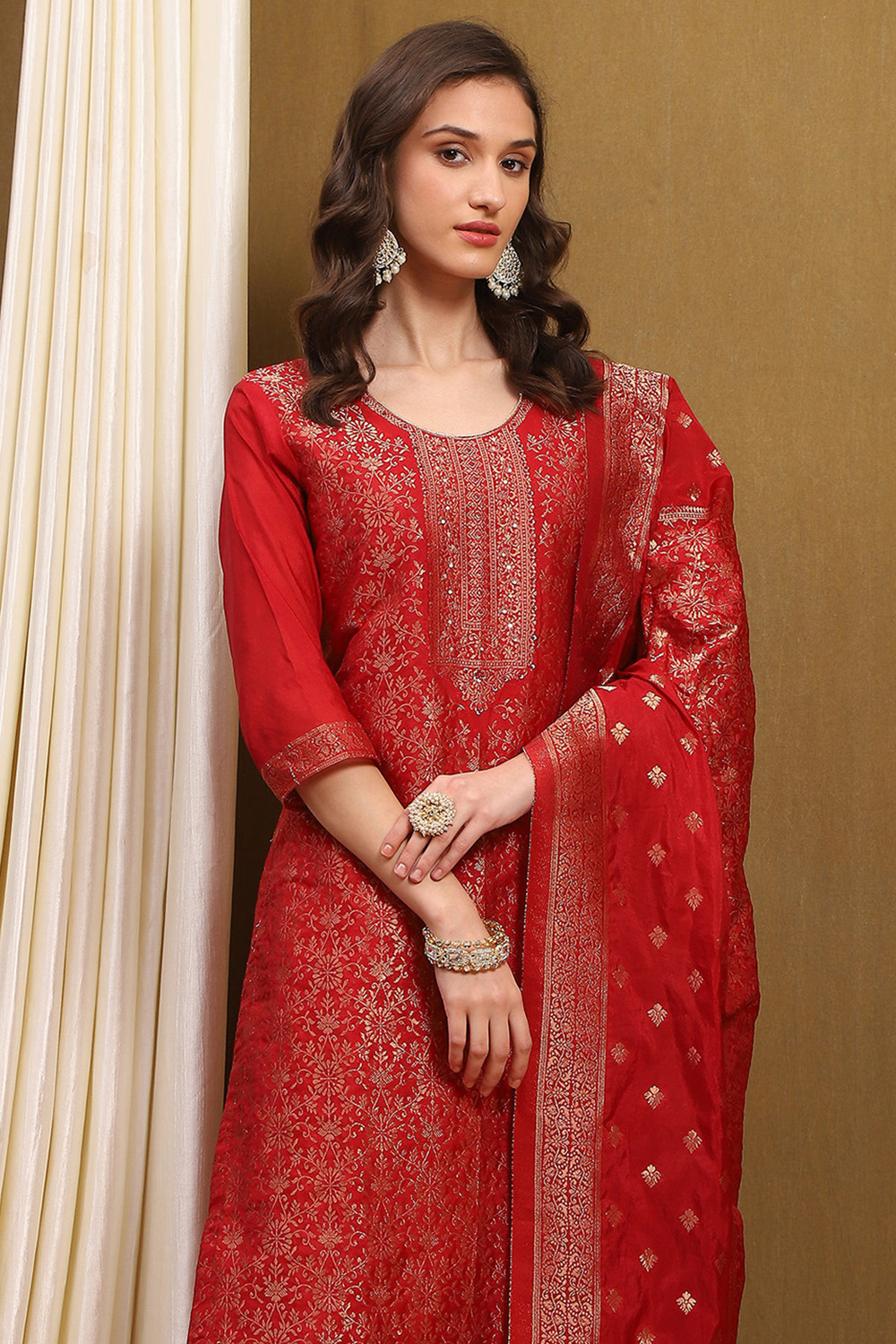 Mustard Yellow Silk Blend Woven Unstitched Suit Set image number 6