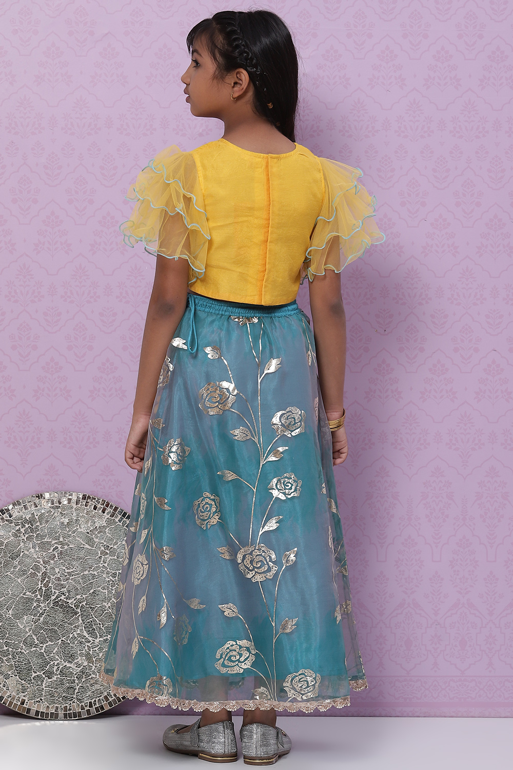 Yellow Art Silk Top With Flared Lehenga Set image number 4