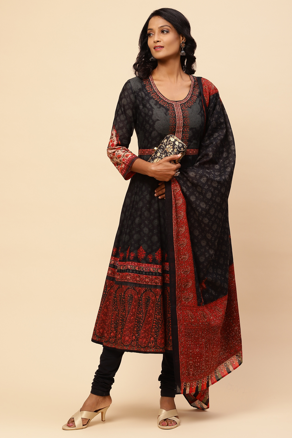 Black Cotton Anarkali Kurta Churidar Suit Set image number 0