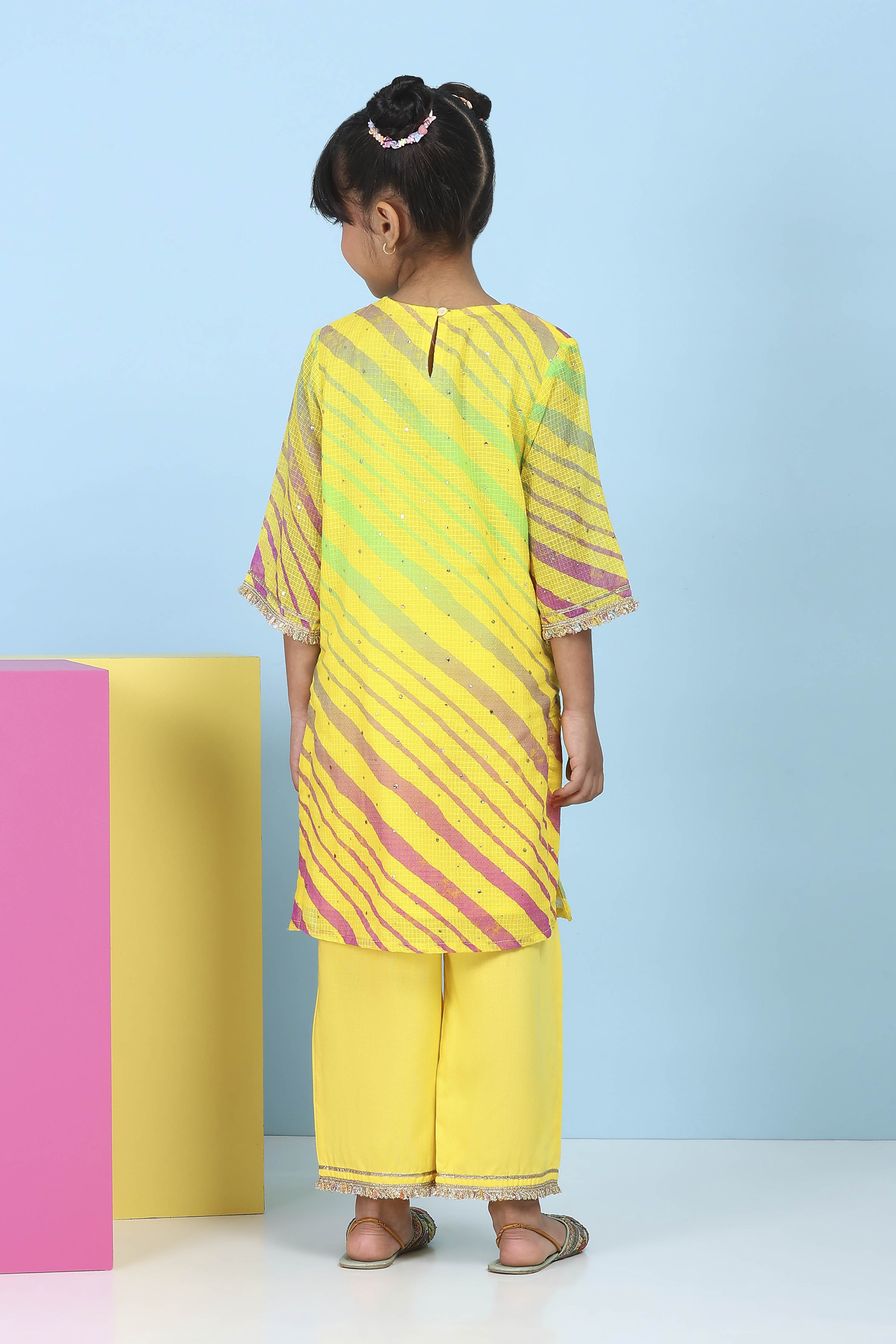 Yellow Cotton Striped Straight Suit Set image number 4