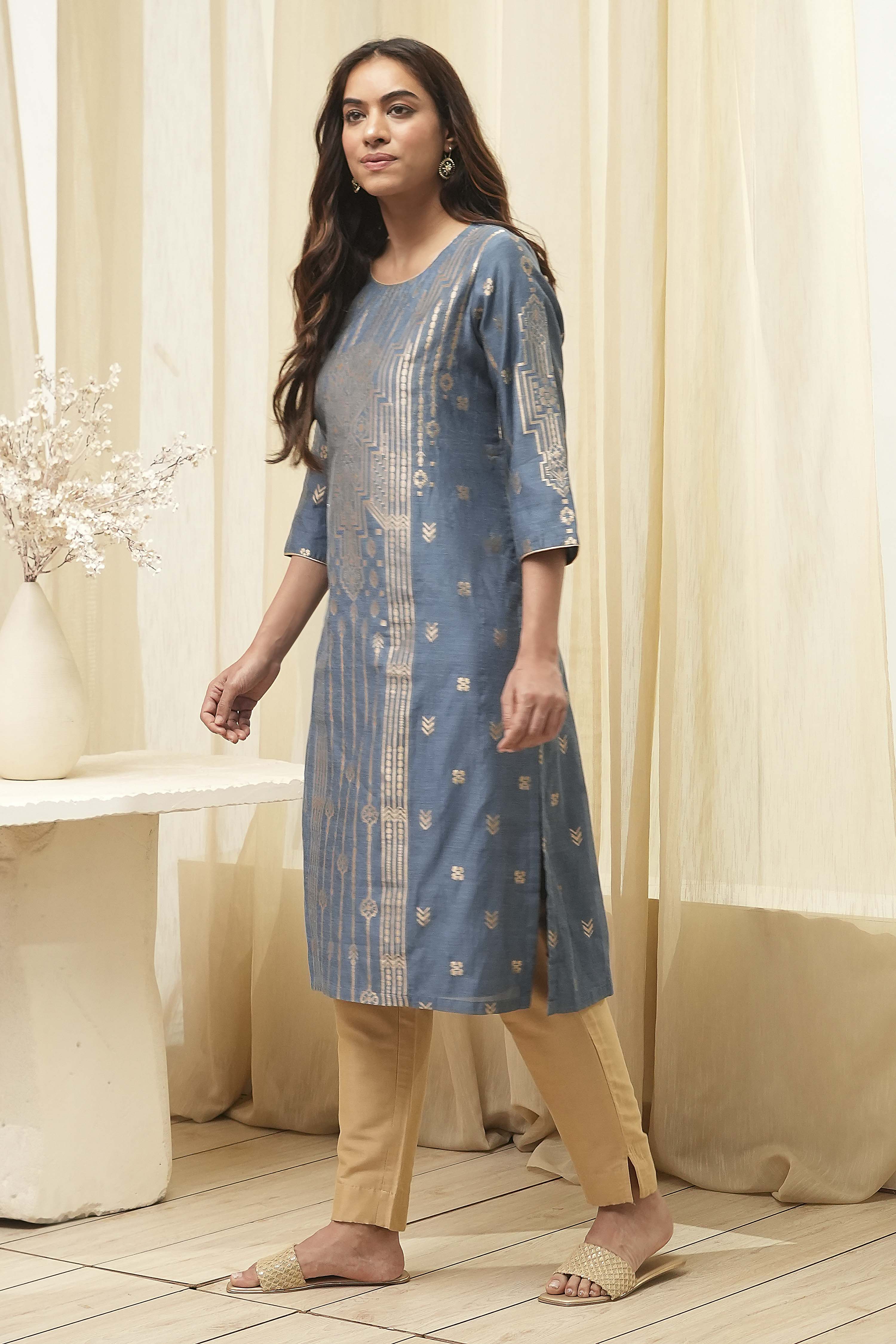 Blue Poly Cotton Straight Yarndyed Kurta image number 2